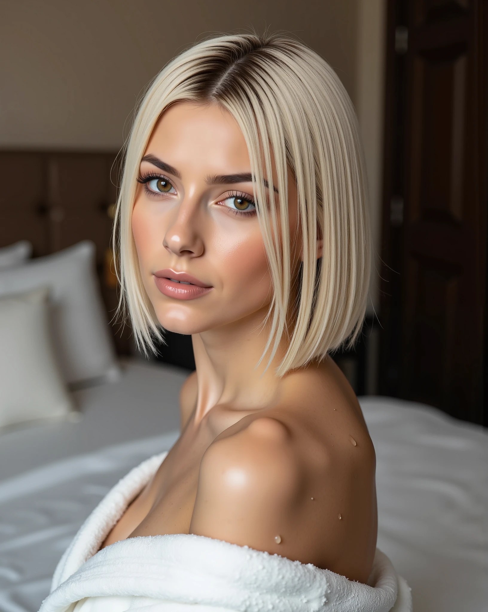 A intimate portrait  of Nexia, a 22-year-old woman with very wet platinum short straight bob hair cascading just past her shoulders, sitting on the edge of a plush bed with white linens. Water droplets fall elegantly from her damp hair, trailing down her bare shoulders where the white bathrobe has been styled to rest just below them. Her hazel eyes gaze softly at the camera through strands of wet hair, some pieces clinging to her neck and collarbone. The bathrobe, luxuriously fluffy, is secured at the waist while exposing her shoulders and upper back. Small rivulets of water create a delicate pattern on her skin, catching the light.

Technical details:
- Camera angle: Eye level or slightly above, focused on the interplay of wet hair and bare shoulders
- Lighting: Soft side lighting to catch water droplets and create subtle highlights
- Focus: Sharp detail on water droplets and wet hair texture of shoulders with visible drops of water
- Pose: Sitting turned slightly to side to show shoulder profile, head turned gently toward camera
- Setting: Minimal bedroom background with soft focus
- Key elements: Emphasis on the water droplets catching light as they fall from hair to shoulders
- Post-processing: Subtle digital glitch effects following the path of water droplets
- Resolution: 8K
- Aspect ratio: 4:5 (Instagram optimal)