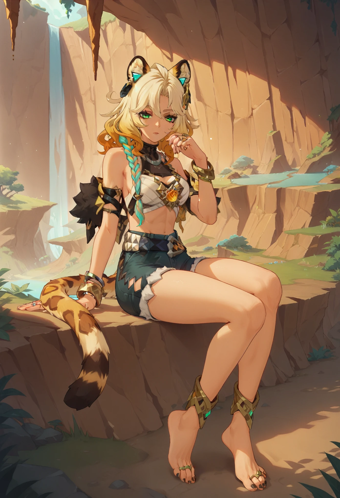 xilonen, multicolored hair, blonde hair, green eyes, braid, animal ears, tail, shorts, ring, jewelry, bracelet, canyon, nature, sitting, resting,