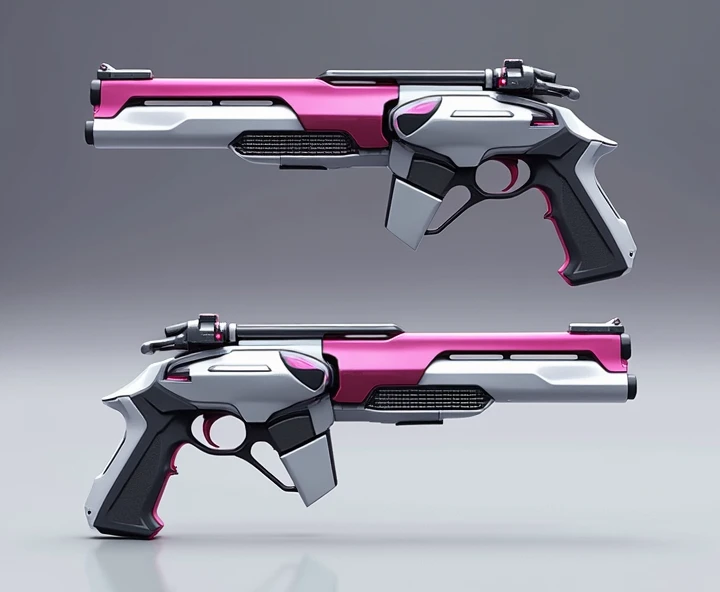 Create Two Firearms/ Hi Tech/ futurist/ realistic/8k/ Purple color/  Detached in gray / realistic/ 4K/  high definition 