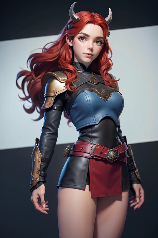  photorealistic image  ((master part)), (( High quality)) UHD 8K, of a beautiful girl with horns, Viking warrior, slender, (medium chest), (thin waist), ( long red hair ), (deep blue eyes) , red skin,(Leather armor with a short skirt and intricate details, Multiple waist belts), ((skin cover)), (in combat position, em um navio viking), natural lighting, professional DSLR camera