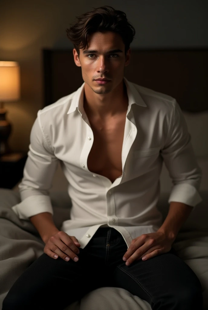 Wet Sexy man, male in a wet white shirt and tan pants sitting on a chair, big chest, handsome man, handsome guy, handsome stunning realistic, portrait of a handsome man, clothed in wet white shirt, sweat, ((best quality)), ((masterpiece)), (detailed)