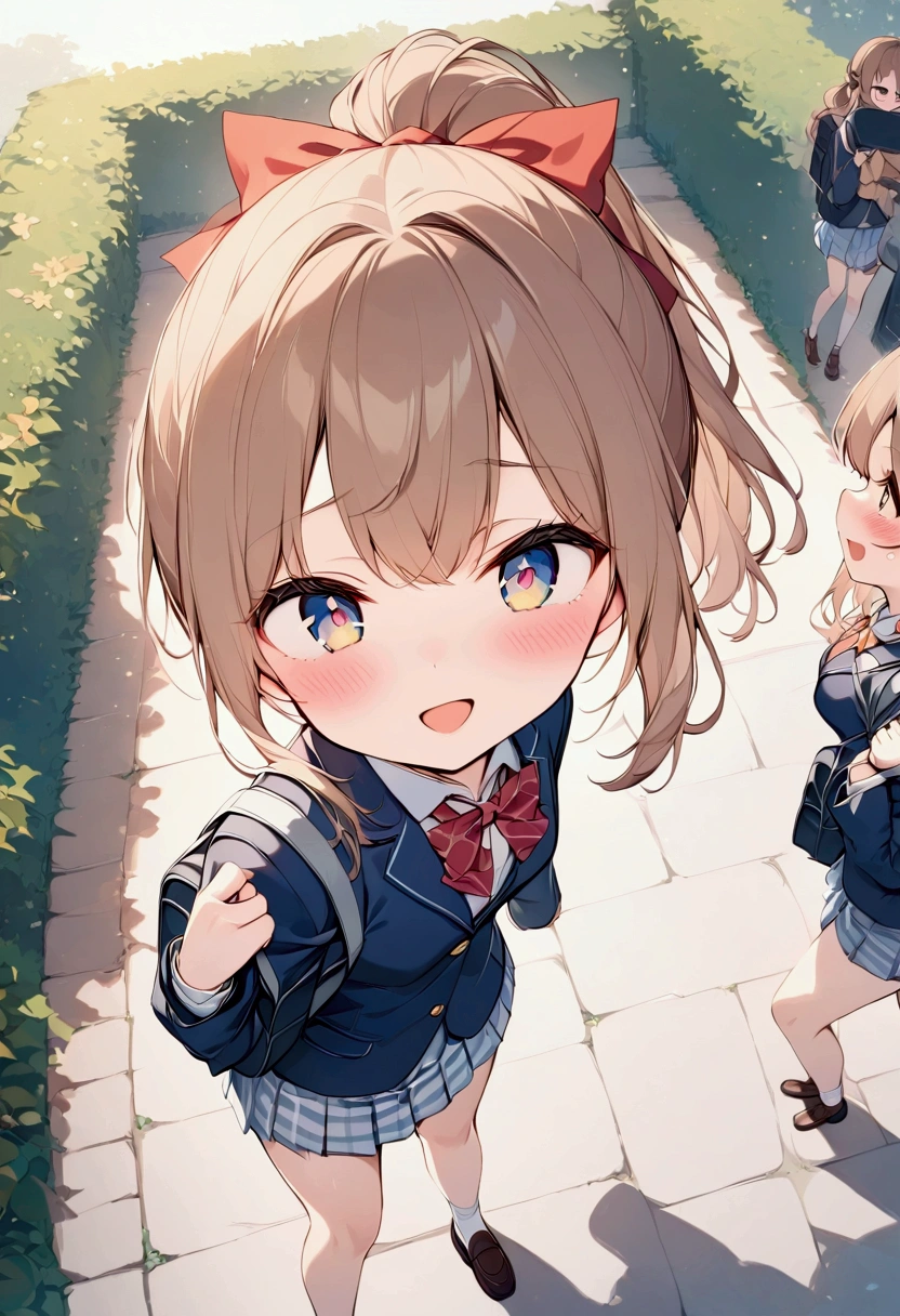 (masterpiece),( best quality ),   Staring at Viewer ,   female middle school student  , cute,Brown Hair,  ponytail,（Small breasts）,  navy blue blazer, Red ribbon,  light blue gingham check short skirt、School bag hanging from the shoulder ,  brown loafers ,  embarrassed expression, Open Mouth Smile , One leg raised,  {Diagonal view from above|   bicolor eyes   }, rear view, Beautiful woman looking back,  (Wavy Hair:0.8),{Asahi|  cowboy shot}, {School route| outdoor }, {Morning Glow|School Scene}, {School bag|cuteウサギのアクセサリー}, {Laughter and conversation | embarrassed expression }, Amazingly slim,   detailed background, Light tones, whole body, （The charm of youth）