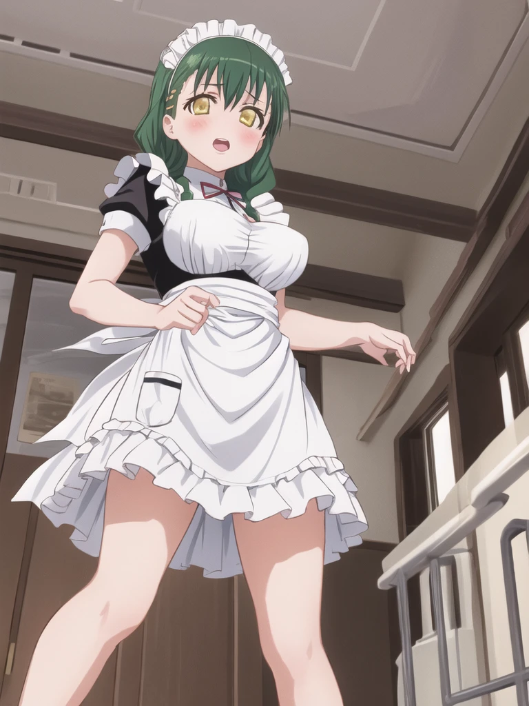 (Highest quality), (masterpiece), 1080P, High resolution, 4K, 8K, Big Breasts, ((body cream)), good, panties, Thighs, Butt, inner thigh, Panty Lift, Shooting from directly below, Look down, Embarrassing, ((Maid clothes)), classroom, chest in hand, Shoulder Bare, throw, chest blowjob, between chest, paizuri, chest, Breast compression, Open your mouth, Panic face, Exposing the nipples, Frills, Long black hair, Both sides up, Thigh-high socks, 18-year-old, flip flops, strap, ((Waist button)), smile, hot, Sweat,