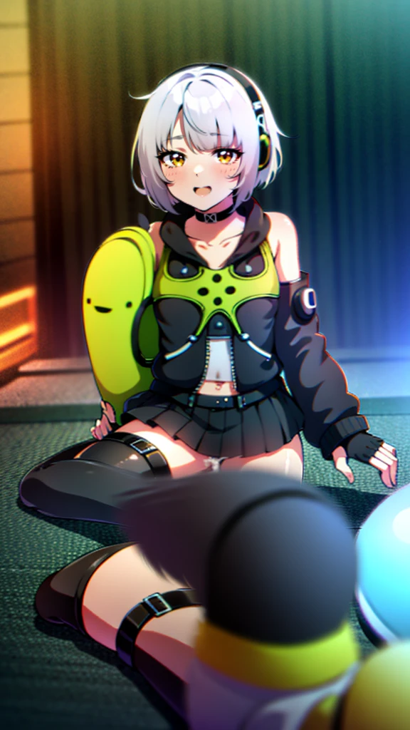 Anby style, 8k, hdr, ureal engine, ultra quality, sitting,  anbydemara, anby demara, orange eyes, short hair, white hair, bare shoulders, black gloves, black skirt, black thighhighs, fingerless gloves, gloves, green jacket, headphones, jacket, navel, skirt, stomach, thighhighs,golden earrings,, full body, bukkake, after sex, torned clothes, sweat, oiled skin, used, fucked silly,, after sex, cum on legs, cum on abs, cowgirl position, sex, rough sex, group sex, miniskirt, skirt lift, ahegao 