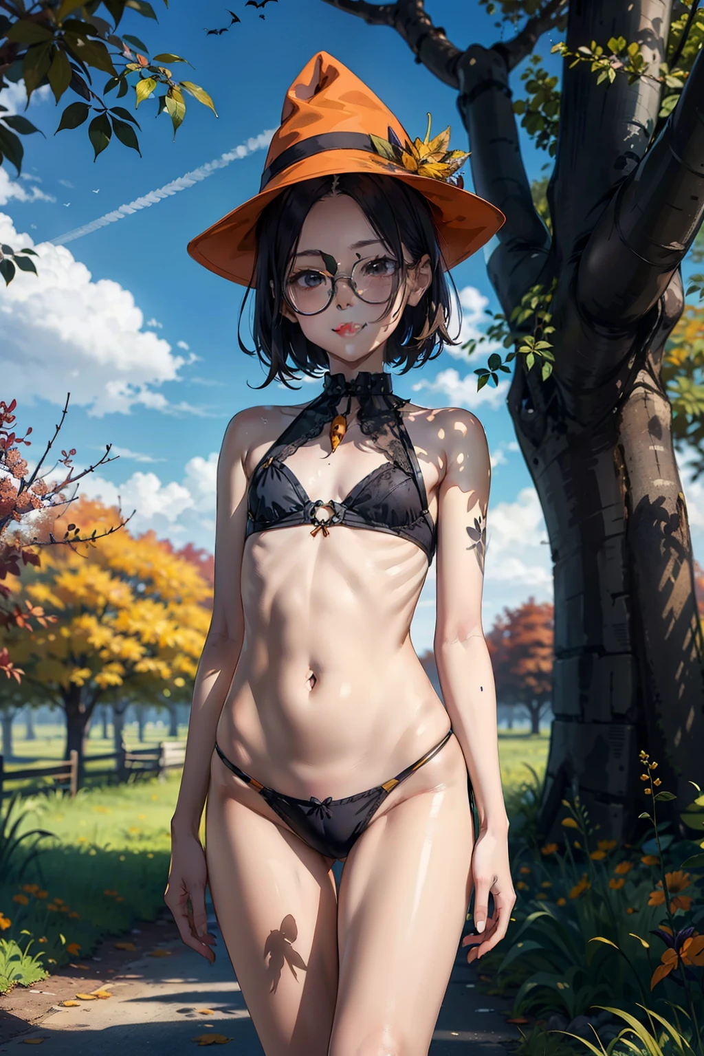 (high quality)，One ，Very young and  ，Baby Face，Very short stature，，Very small and flat chest ， VERY SLIM ARMS AND LEGS  ，Very thin thighs，Small Ass，naked，  oversized Halloween costume，Halloween Hats，Halloween props，Very loose collar、Glasses，grassland， Your smile is amazing ，，dusk，Beautiful sunset，Autumn leaves，，bright，bright色，watercolor, Ghibli style，Girl&#39;s Temptation，