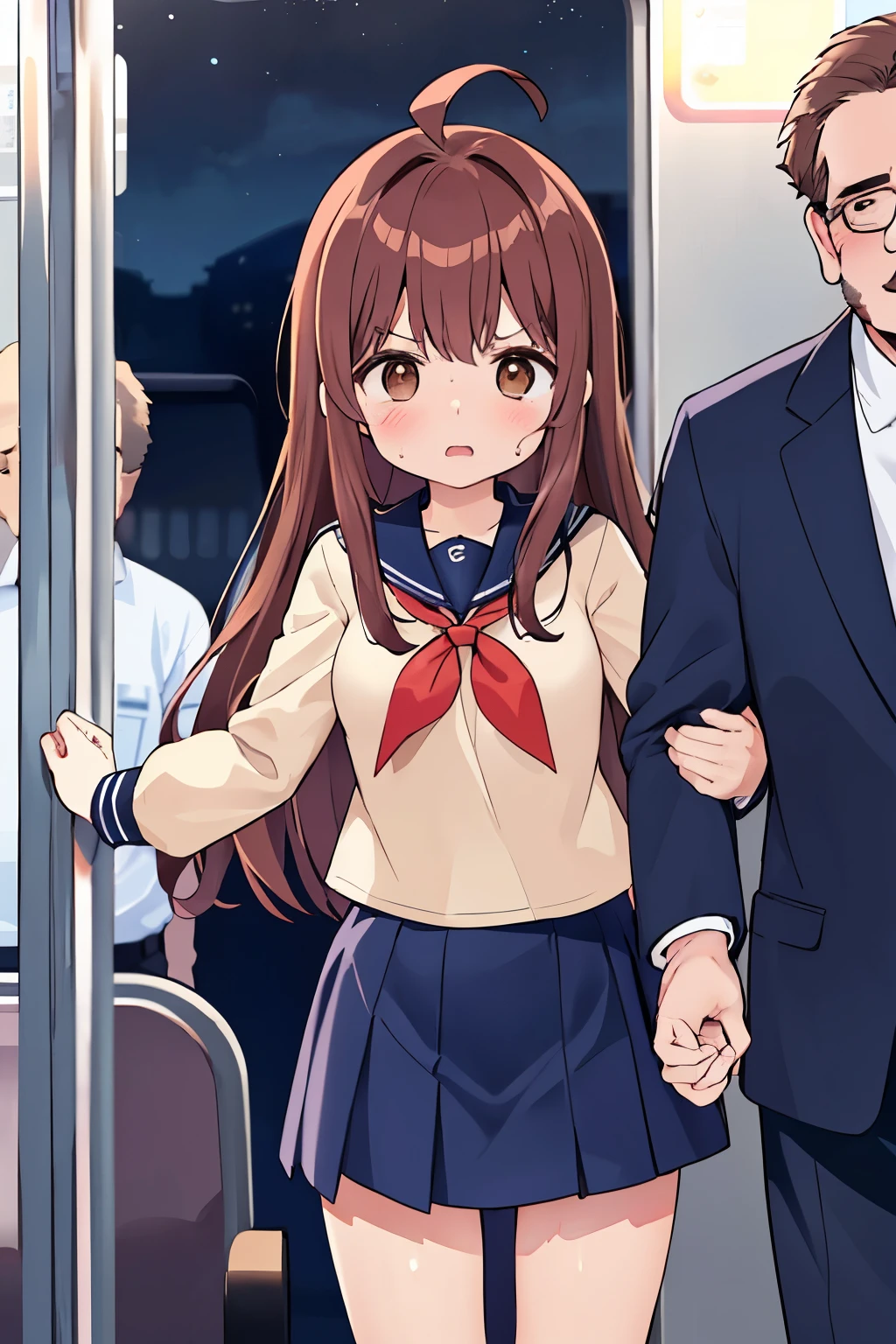 Viewer discretion advised、Best Quality、 1 girl , Small breasts、Slender body、Reddish brown hair、 long straight hair、Ahoge、 brown eyes 、 school uniform、 navy blue mini skirt、Inside the train at night、(((One middle-aged man)))、(( penis ))、 troubled face、Man grabs girl's arm