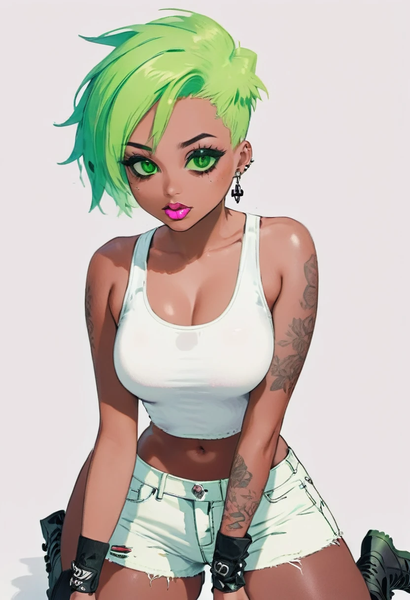 Punk woman with green buzzed hair, lip piercings, black skin, green eyes, heavy makeup, tight white tank top, nipple piercings, tight short shorts, combat boots, sneering, huge ass, perky breasts