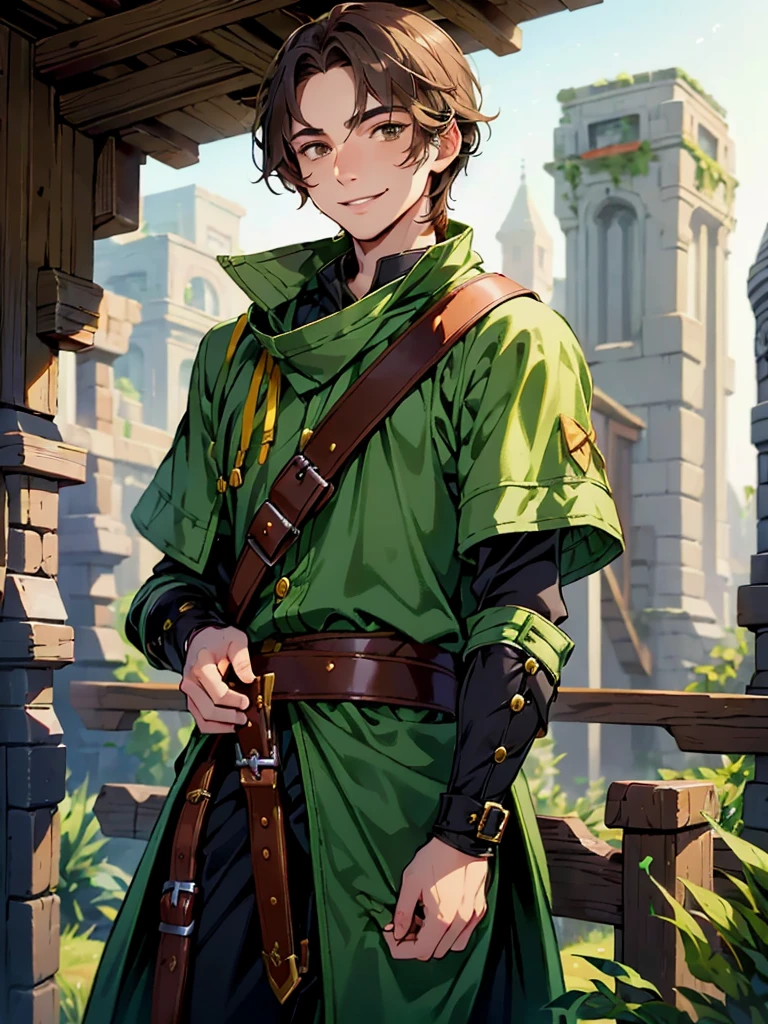 A 20-year-old young man with dark brown hair, always wearing a cheerful smile. He is dressed in green adventurer's clothing, perfect for exploration or combat. He holds a bow casually in his hand, ready for action. His relaxed and friendly demeanor contrasts with the skill and readiness of a seasoned adventurer
