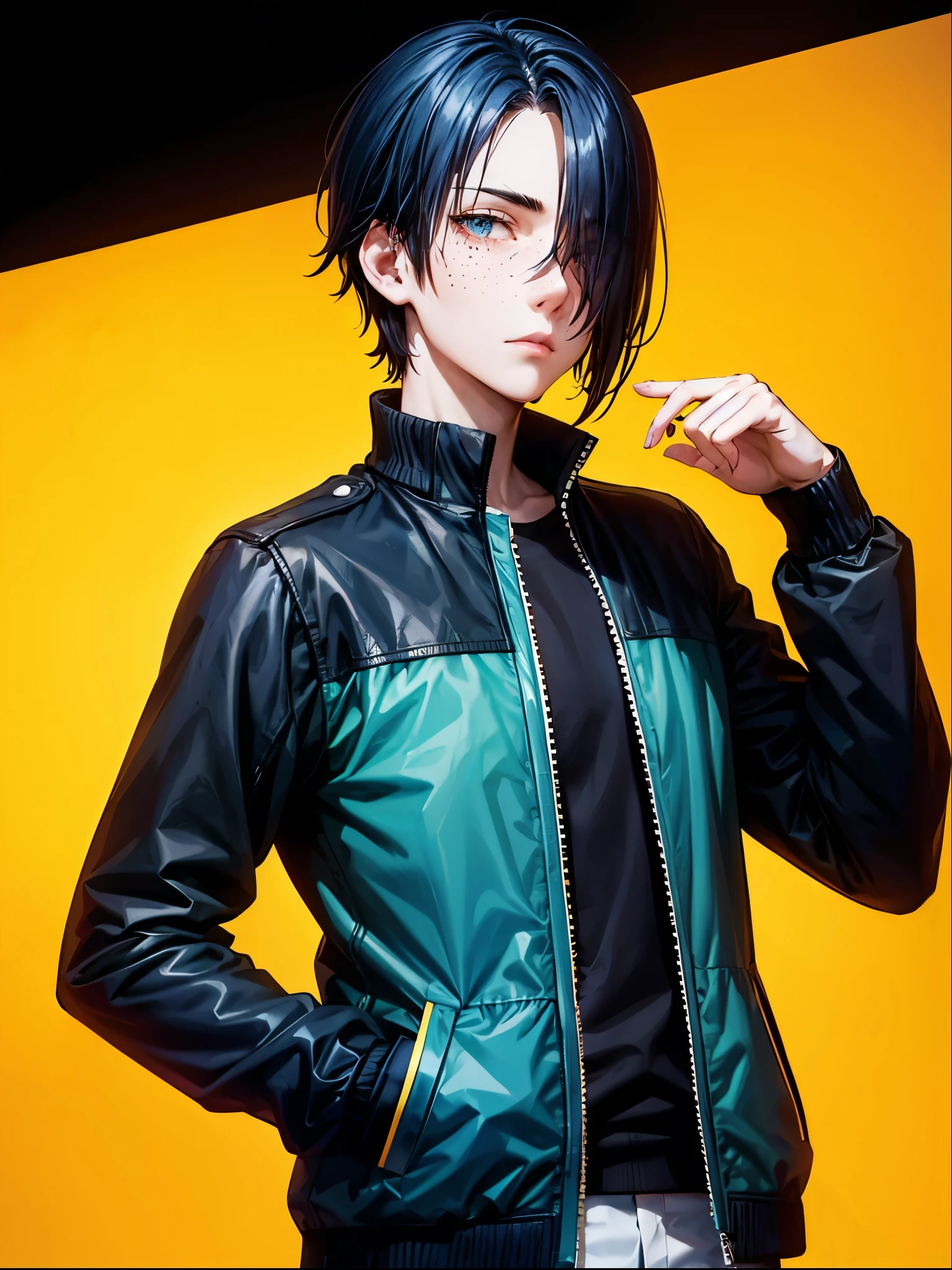 Tall teenager, dark blue hair, Golden colored eyes, freckles, pale skin tone, green jacket, slim, seductive look. Emo hair, lock of hair covers his right eye.