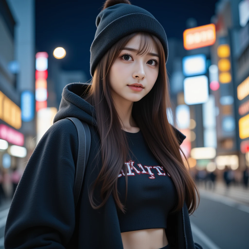 (8k、RAW Photos、Highest quality、masterpiece:1.3)、(Realistic、Photorealistic)、(Very large breasts:1.2)、Perfect limbs、Outdoor、(Shibuya cityscape:1.4)、night、Mid-winter clothing、Knitted hat、Stylish、Clothes suitable for the city、(hoodie:1.3)