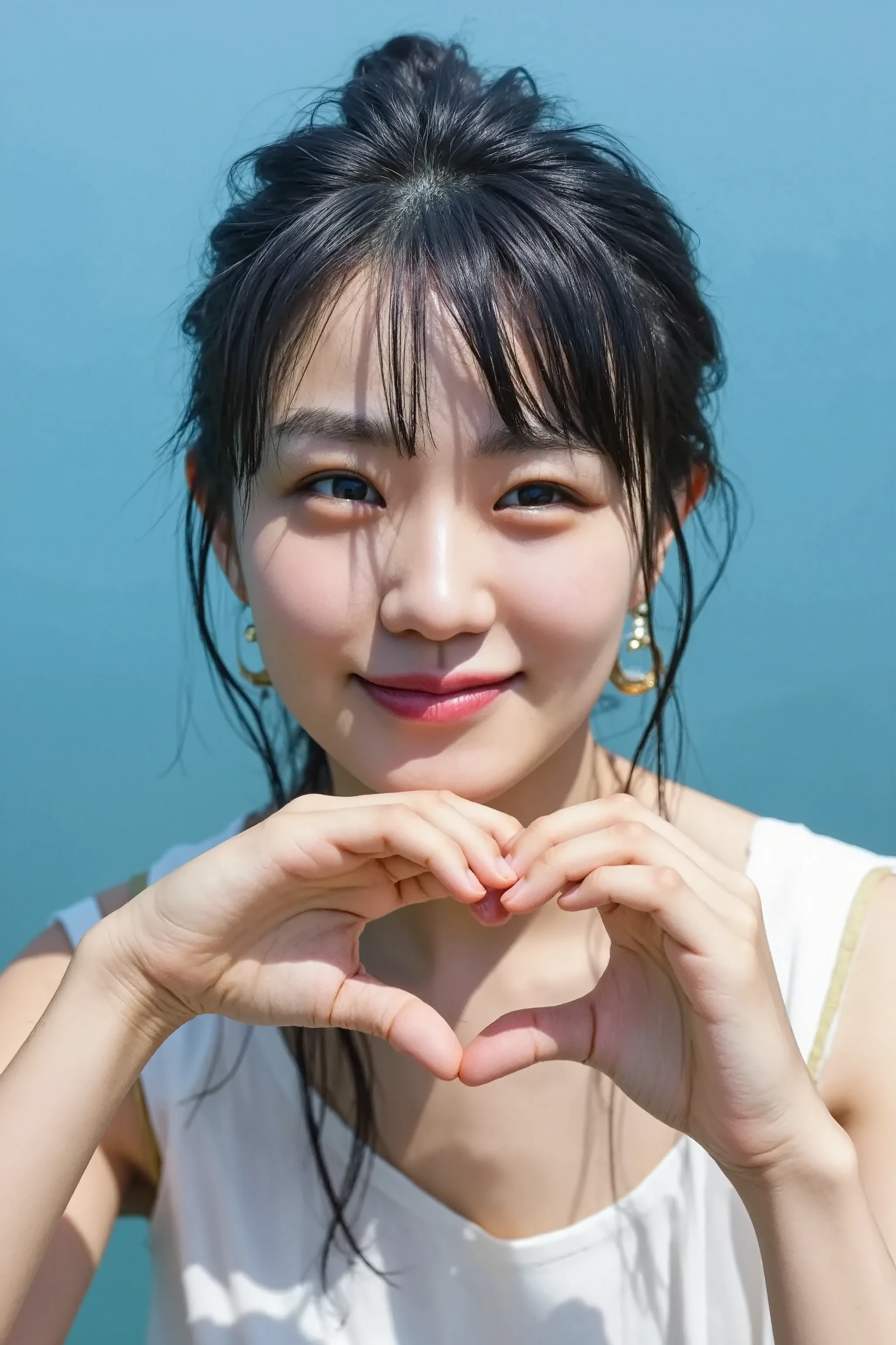    cute high school girl、 The background is a bright blue sky with a soft blur effect {x} staring at the camera with a slightly shy expression {x} posing with both hands making a firm big heart shape and holding it in front of her chest, 明るく楽しそうなsmile、 slightly embarrassed expression ,  staring at the camera ,  hair up to the shoulders 、Light waves 、 with bangs softly covering her forehead , 彼女は camisoleを着ており、A refreshing impression,  The background is bright blue sky and soft blur effects、リアルなphotograph風のスタイル、 like it was taken with a professional camera , Soft natural light、(Healthy and young々Fresh skin)、 shot with a professional camera 、 she has a bright and happy smile 、High image quality  , 32K,     Extremely Accurate Anatomy   , masterpiece, Realistic,   very detailed , photograph,   Kampala , ((Heart shaped hands:2.78, Cute hairstyle)), Smoother light, Official Art,   Boundary depth description  ,  bright light, Detailed face, ((smile:1.0)),  eyes in the shape of a heart,    skin with real texture    ,   camisole