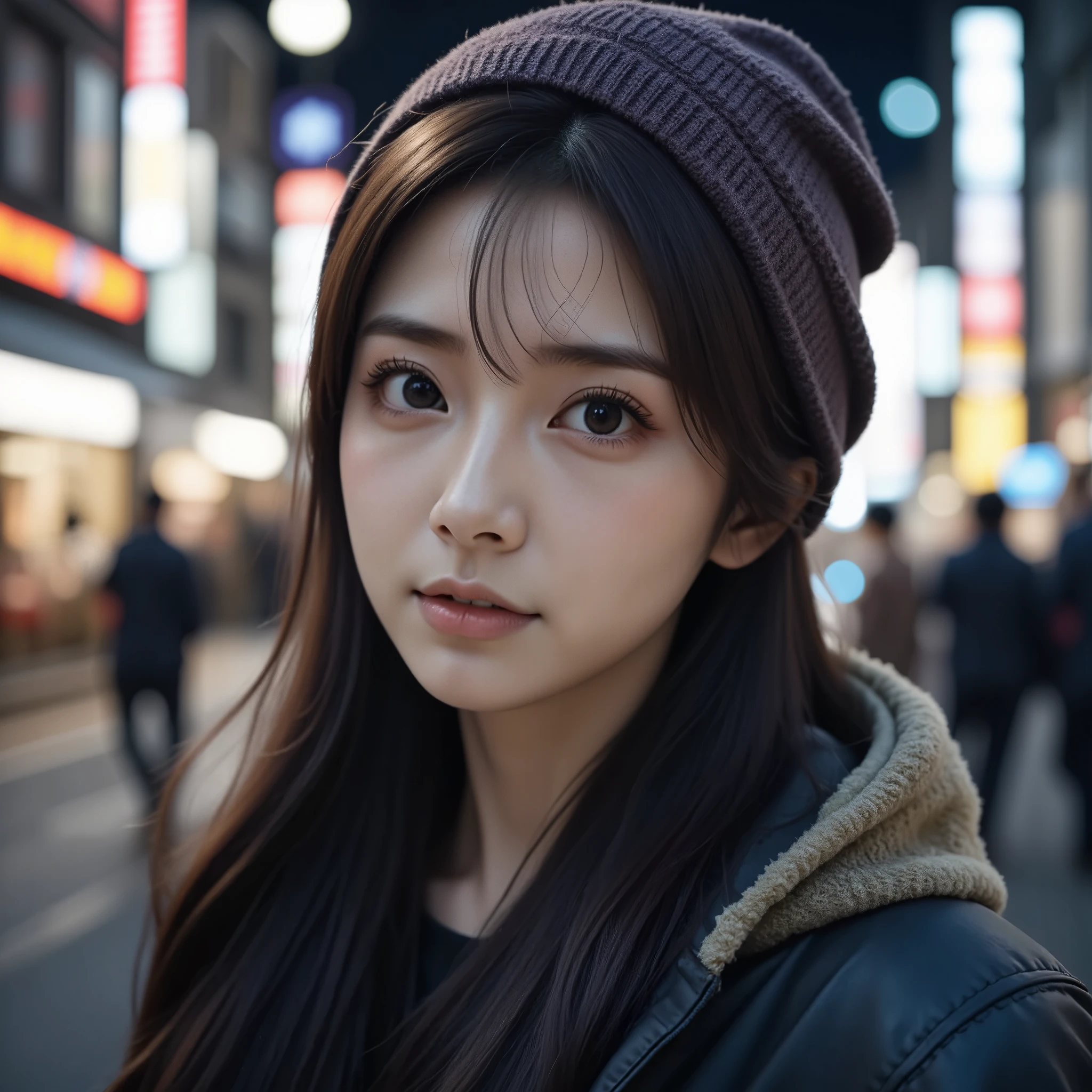 (8k、RAW Photos、Highest quality、masterpiece:1.3)、(Realistic、Photorealistic)、(Very large breasts:1.2)、Perfect limbs、Outdoor、(Shibuya cityscape:1.4)、night、Mid-winter clothing、Knitted hat、Stylish、Clothes suitable for the city、(hoodie:1.3)