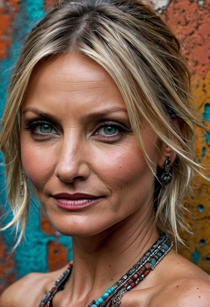 Cameron Diaz, A beautiful woman, slender, tribal meets bohemian, tattoos, piercing, bohemian jewelry, modern, textured peeling wall in background, graphite, raw, gritty, dirty, mix of colors & materials, intricate, detailed, fashion photography, trending on artstation, sharp focus, studio photo, intricate details, highly detailed, photo realistic, cinematic, movie still, captured in the style of Sony Alpha A7 III camera