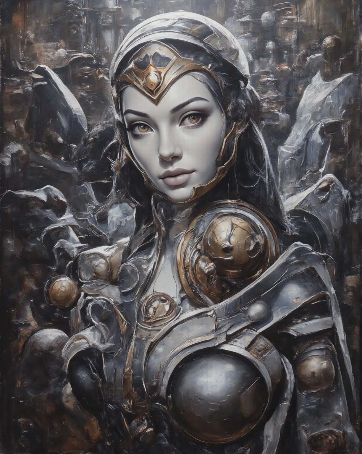 Cyberpunk Clockwork Automaton of Wonder Woman, porcelain face, porcelain skin, clockwork gear mechanism, realistic oil on canvas painting with strong influence of Don Lawrence style