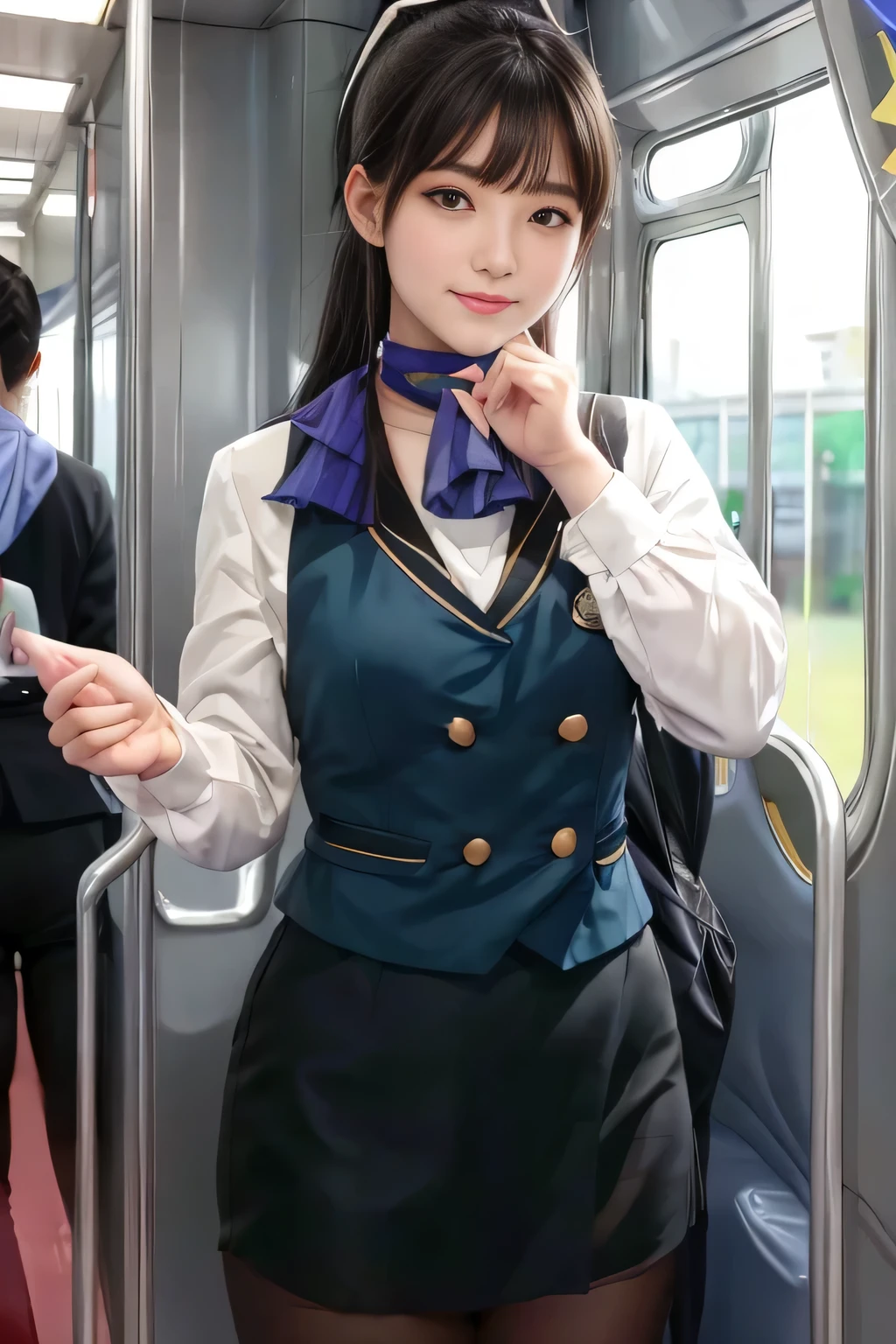 (masterpiece:1.2, Best Quality:1.2), 32K HDR,  Kampala, (Alone、 1 girl)、（on board、 Professional Lighting）、In-flight background、（Nankai Train crew uniformを着たリアルスタイル）、（（ Nankai Train Crew Uniform Collarless Blouse Long Sleeve 、  Black Curled Culottes Skirt 、Scarf around the neck））、Dark brown hair、（ long hair、Hair tied up、 summary hair ）、Dark brown hair、 LONG SHOT 、Big Breasts、Thin legs、（（Great hands：2.0）），（（ Harmonious Body Proportions：1.5）），（（Normal limbs：2.0）），（（Normal finger：2.0）），（（Delicate eyes：2.0）），（（Normal eyes：2.0））)、smile、（Nankai Train crew uniformを見せた美しい姿）、Hands clasped underneath
