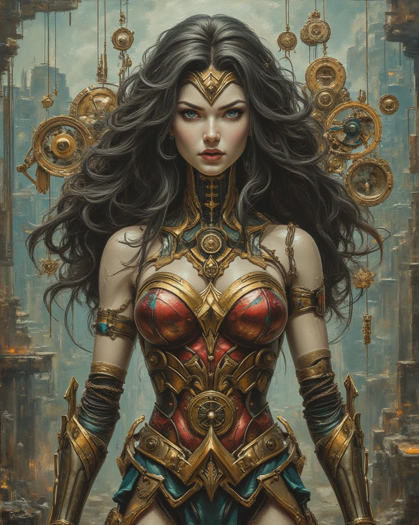 Cyberpunk Clockwork Automaton of Wonder Woman, porcelain face, porcelain skin, clockwork gear mechanism, realistic oil on canvas painting with strong influence of Don Lawrence style