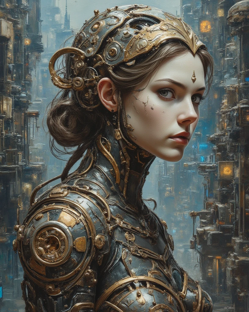 Cyberpunk Clockwork Automaton of Wonder Woman, porcelain face, porcelain skin, clockwork gear mechanism, realistic oil on canvas painting with strong influence of Don Lawrence style