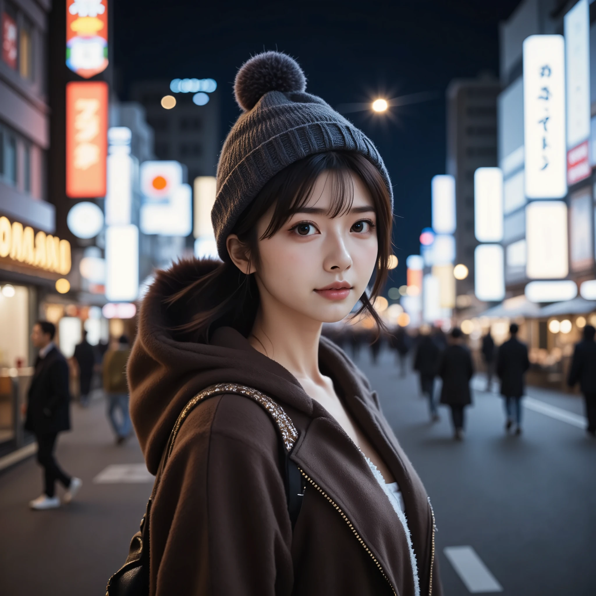 (8k、RAW Photos、Highest quality、masterpiece:1.3)、(Realistic、Photorealistic)、(Very large breasts:1.2)、Perfect limbs、Outdoor、(Shibuya cityscape:1.4)、night、Mid-winter clothing、Knitted hat、Stylish、Clothes suitable for the city、(hoodie:1.3)