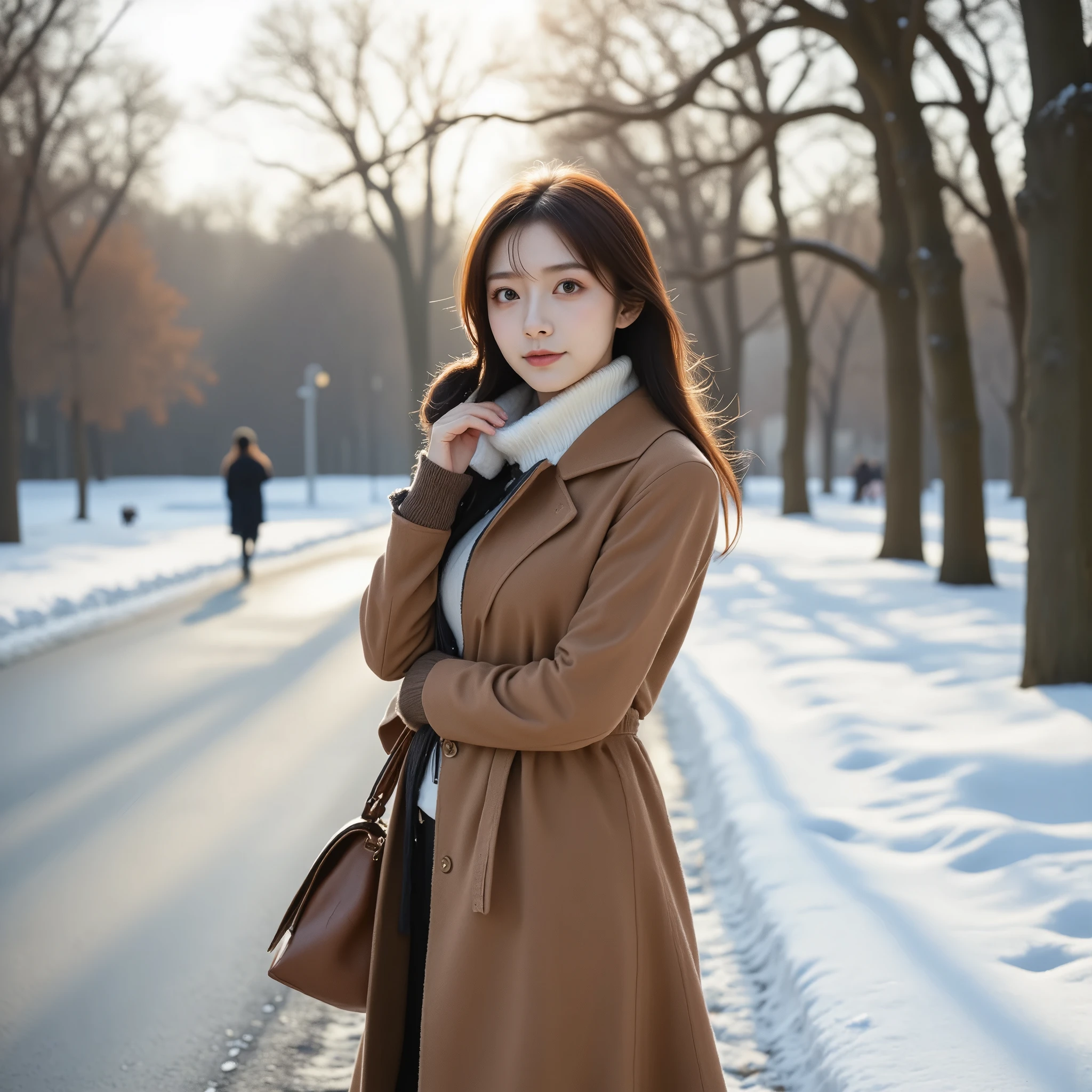 ((Highest quality、high resolution、High resolution、masterpiece、8K))、One Woman、21-year-old woman、Japanese women、Pretty woman、(Photograph the whole body:1.3)、Woman standing in winter park、Urban park、Sunny day in Paris、(Wearing a light brown coat、Tightly designed maxi skirt、High heels、Simple Fashion)、Perfect proportions、Slim figure、8-life proportions、Detailed face、Beautiful eyes、Natural Makeup、A ruddy complexion、Look here with a smile、Brown medium long hair、Loose wavy hairstyle、((Canon EOS 5D Mark 4とSIGMA Art Lens 85mm F1.4 Shot with DG HSM lens、F-stop 2.4、iso 200、Shutter Speed 2000))、Angle from the front、RAW Photos、Clear photos、Professional Lighting、Height: 165cm