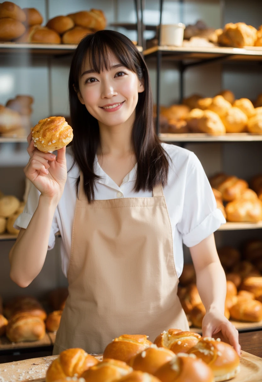 A bright, fine-art style photograph of a young slender East-Asian woman with cute face and bangs ,working in a bakery. She is dressed in a light brown apron tied neatly at the back, over a simple white blouse with rolled-up sleeves, giving her a refined yet approachable appearance. Her long, dark hair falls naturally over her shoulders as she engages in her task with a warm and inviting expression. Her soft, porcelain-like skin is illuminated by the gentle natural light streaming through the bakery, adding to the overall warmth and charm of the scene. The bakery is filled with an assortment of freshly baked goods, all meticulously arranged behind the woman in neat rows on glass shelves. The rich browns and golden hues of the various breads and pastries create a beautiful contrast against the modern, clean glass and metal display cases. The different shapes and sizes of the breads are visually appealing, ranging from small, round buns to larger loaves, each one expertly crafted. The woman holds up a golden-brown pastry in one hand, as if presenting it to the viewer, her smile calm and welcoming. Her other hand rests delicately on a tray of bread, adjusting the display with care and precision.