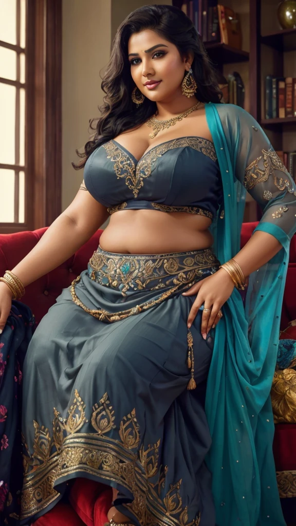 (highly detailed,illustration,intricate,attractive body,beautiful eyes,beautiful lips,extremely detailed face,longeyelashes), ((Full body picture)), cinematic, potrait, dynamic lighting,age 35, most beautiful picture, half indian half Pakistani woman celebrity, (wearing traditional indian royal blue saree), traditional indian clothes, indian jewelry, symmetrical face, stunning art, intense look, detailed, red lips, messy strands of hair, detailed hair, intense look, (best quality,4k,8k,highres,masterpiece:1.2),ultra-detailed,(realistic,photorealistic,photo-realistic:1.37),vivid colors,sharp focus,portrait, studio lighting, in a temple, (SFW), (light skin color) full body ,(plus size:1.3),big breasts,,((plus size:1.3)),outsize model , (hourglass figure:1.3),(wide hips), sharp and focus,different poses, different angle ,popped breast, perfect nose,fleshy cheek