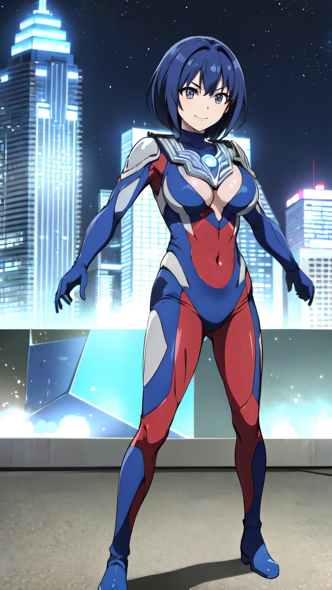 michirutojo, masterpiece, View your audience,
Blue Hair, Cowboy Shot、Combat Stance、Ultraman bodysuit、Large Breasts、Hero Suit,Tight suit,smile、(building:1.2)、Night view