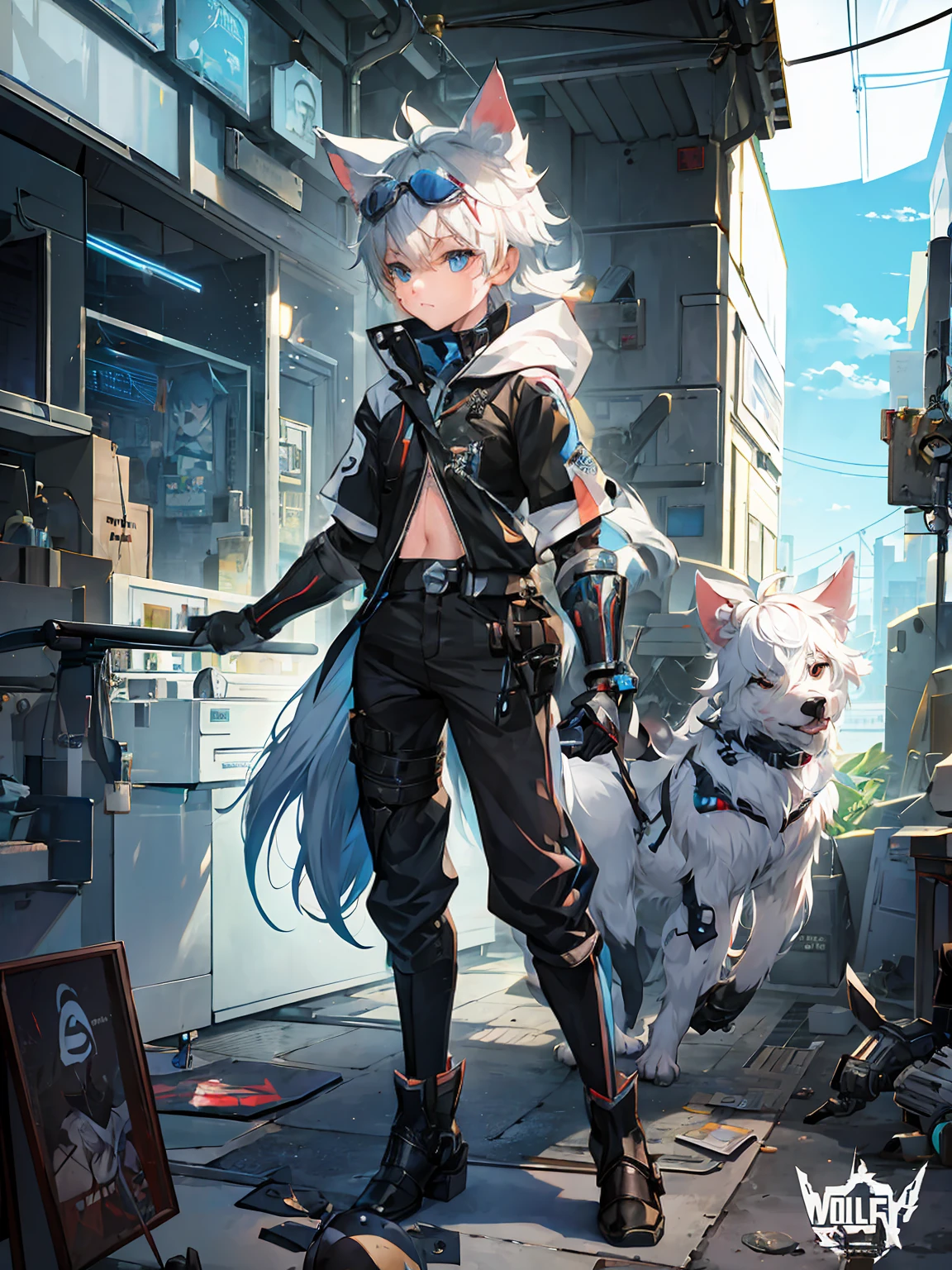 Game CG， 8K quality ，((only one boy))，Childhood ， anime male protagonist ，Wolf ears，Tail，Handsome Face ，goggles on head， Silver White and Sky Blue Dye，Robot Driver Set ，Powered Armor，Mechanical gloves， mechanical combat boots ，Full body portrait， No Background ，paw pose，leaning back，on stomach，looking up，outline，projected inset