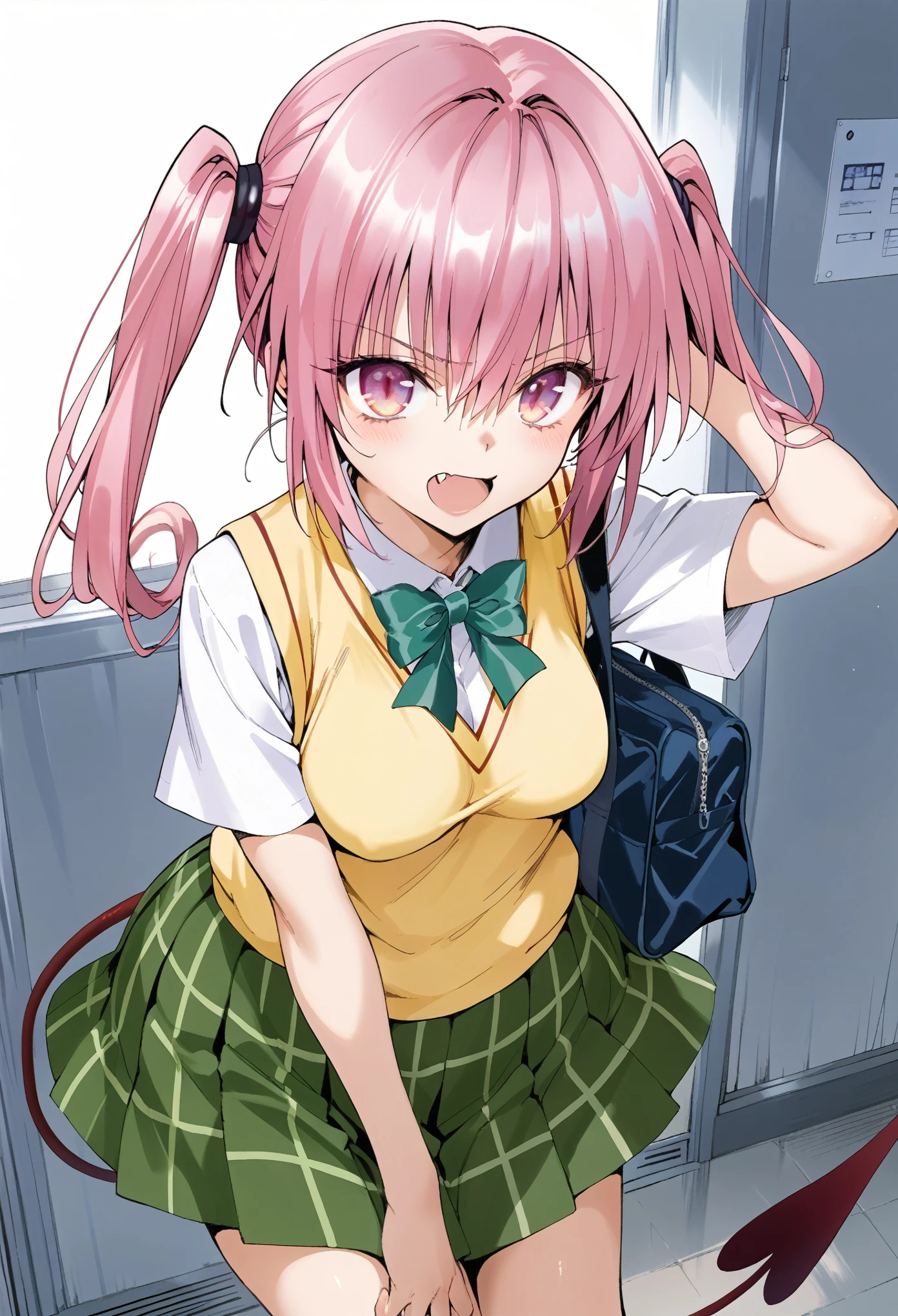 score_9, score_8_up, score_7_up, source_anime, screenshots,1girl, nana asta deviluke, fang, long hair, pink eyes, pink hair, tail, twintails,green skirt, plaid, plaid skirt, sainan high school uniform, school uniform, skirt, shirt, white shirt, sweater vest, yellow sweater vest,