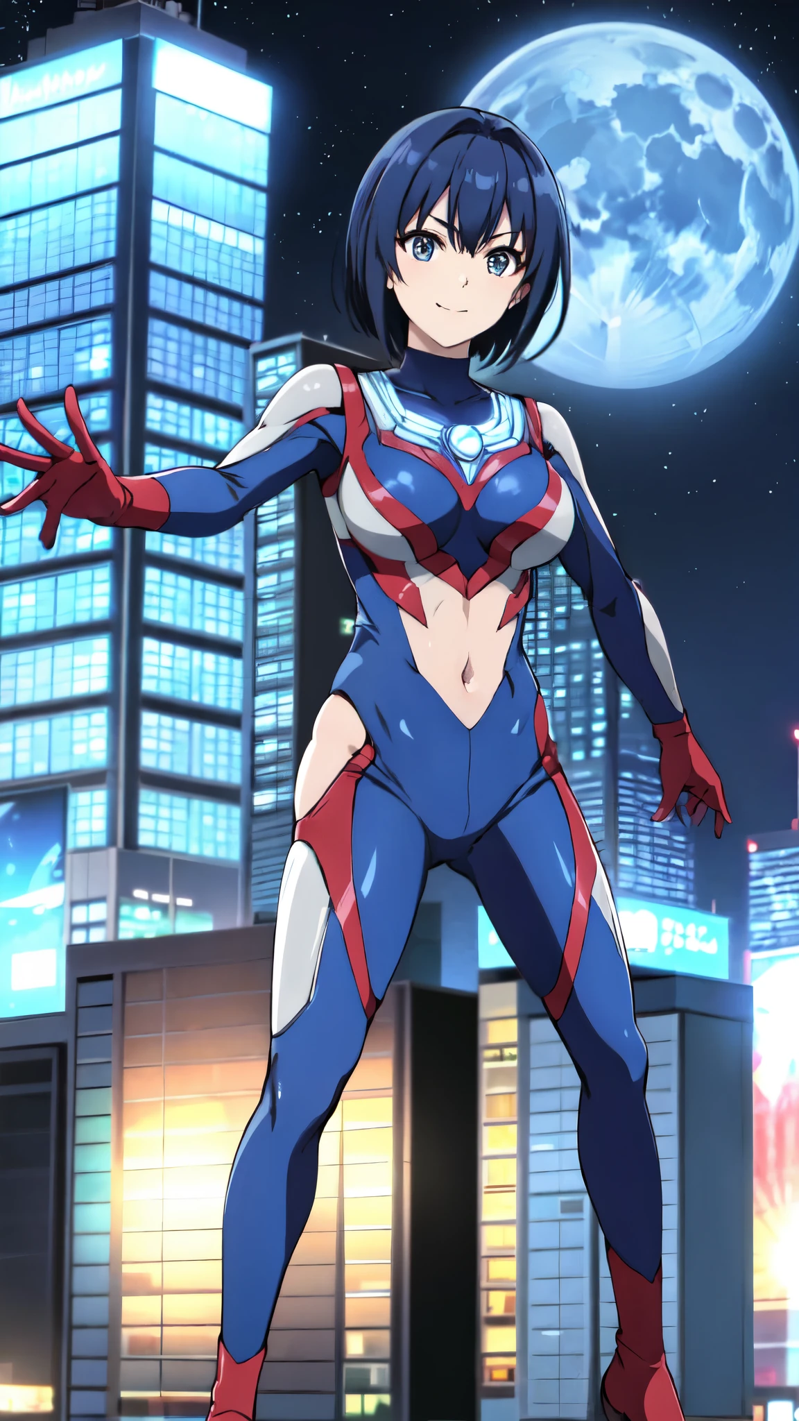 michirutojo, masterpiece, View your viewers,
Blue Hair, Cowboy Shot、Combat Stance、Ultraman bodysuit、Large Breasts、Hero Suit,Tight suit,smile、(building:1.2)、Night view