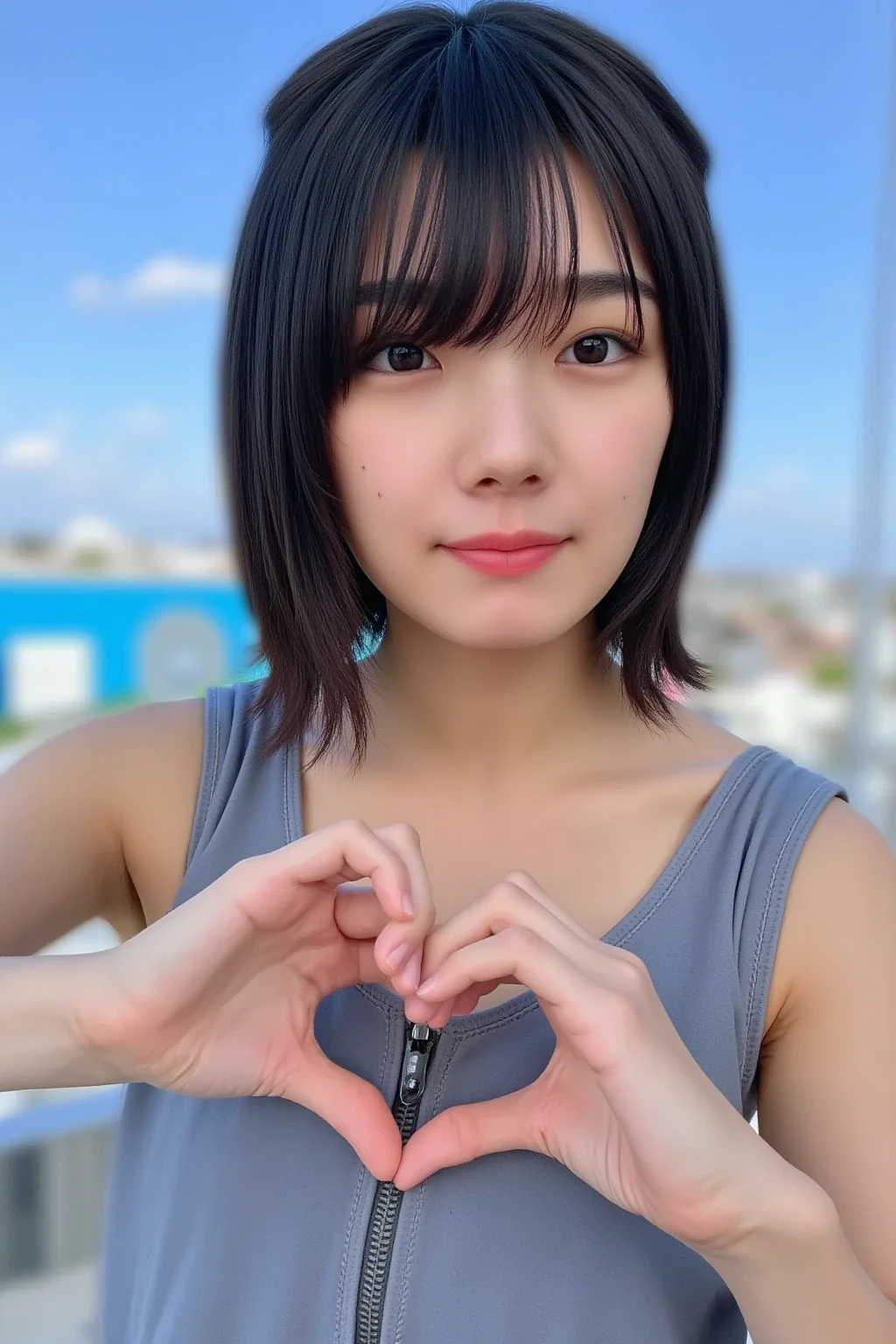    cute high school girl、 The background is a bright blue sky with a soft blur effect {x} staring at the camera with a slightly shy expression {x} posing with both hands making a firm big heart shape and holding it in front of her chest, 明るく楽しそうなsmile、 slightly embarrassed expression ,  staring at the camera ,  hair up to the shoulders 、Light waves 、 with bangs softly covering her forehead , 彼女は camisoleを着ており、A refreshing impression,  The background is bright blue sky and soft blur effects、リアルなphotograph風のスタイル、 like it was taken with a professional camera , Soft natural light、(Healthy and young々Fresh skin)、 shot with a professional camera 、 she has a bright and happy smile 、High image quality  , 32K,     Extremely Accurate Anatomy   , masterpiece, Realistic,   very detailed , photograph,   Kampala , ((Heart shaped hands:2.78, Cute hairstyle)), Smoother light, Official Art,   Boundary depth description  ,  bright light, Detailed face, ((smile:1.0)),  eyes in the shape of a heart,    skin with real texture    ,   camisole