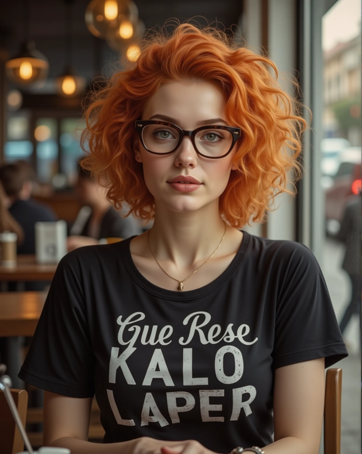 Ginger haired shot curly hair style Beautiful Woman [Marilyn Monroe:Maude Adams:0.45] donning T-Shirt with Text "Gue Rese Kalo Lagi Laper", sitting at the cafe waiting for her food order, realistic, masterpiece street photography style