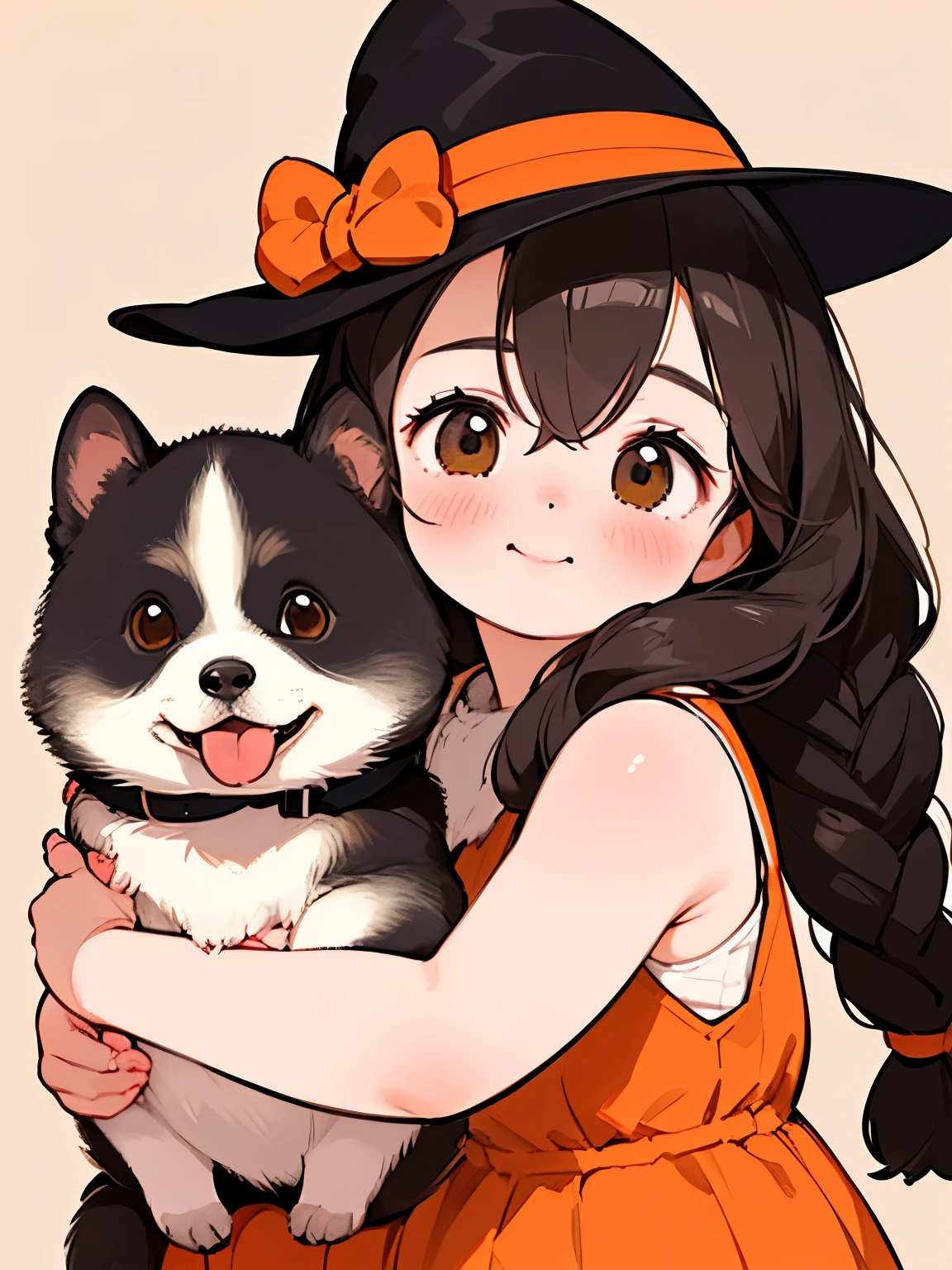 ( best quality ,4K,8k, Kampala,masterpiece:1.2),  very detailed , (Deformed, Realistic, Realistic:1.3)，One ，cute ，Very short，Laugh happily,  Brown Eyes , Fluffy, Black hair braids， Halloween Costumes，Halloween Hats，Halloween props，That dog is bigger than the girl ......，This dog is an Akita....，犬はFluffy， the dog is hugging the girl ，Akita dogs put white panties in their mouths:1.8，Autumn rural house and garden background，