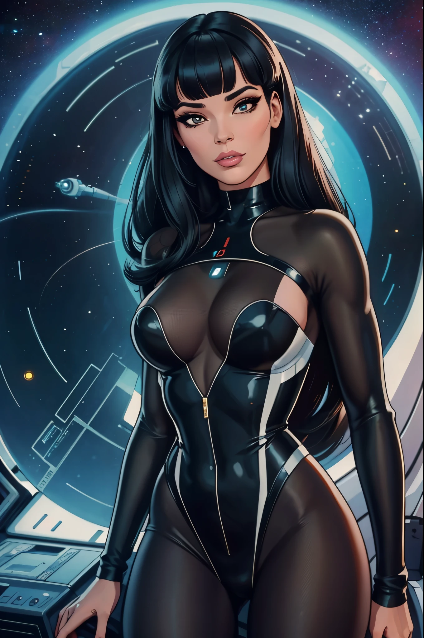 Best quality, 8K, woman space retro futurism, beautiful and detailed face, black straight long hair, bangs,big eyelashes,LOOKING TO observer,black bodystocking, sci-fi RETRO SPACESHIP scenario