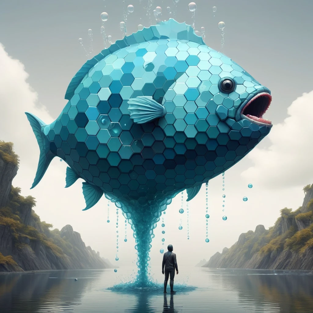 Hexagons, large fish-like humanoid spitting deadly bubbles upwards