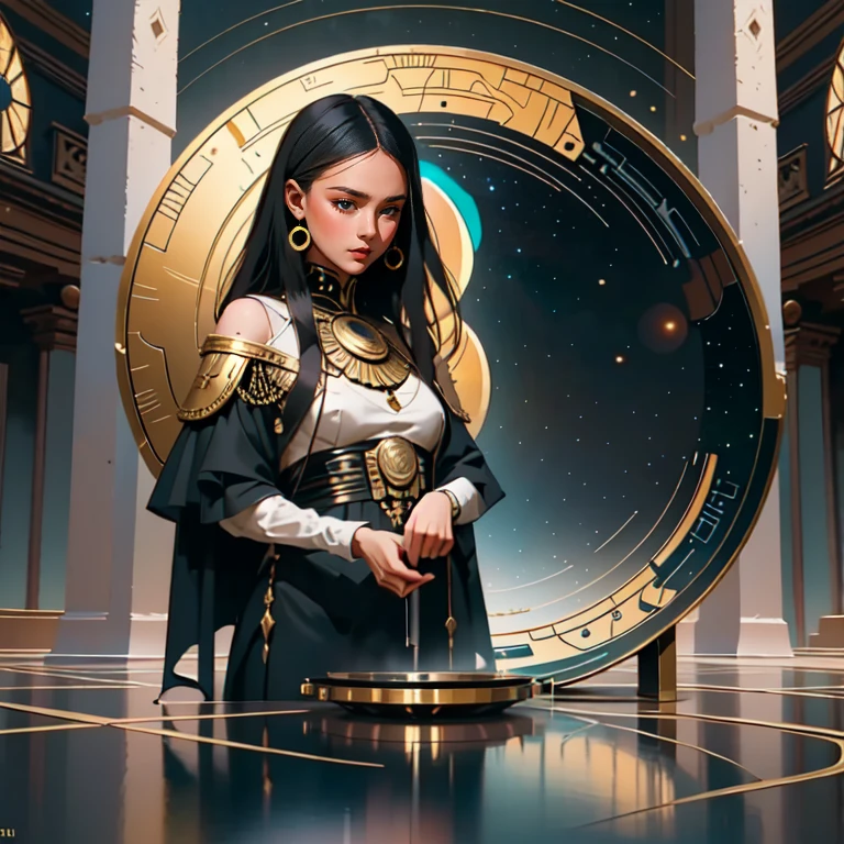 Artwork, surrealism, highly detailed, intricate details, oil painting, best quality, cosmic, starry, a woman holding a two-plate scale, pound sign concept, golden ratio, beautiful, cosmic concept, 8k, cinematic light, starry background, vibrant colors, UHD, by Greg Rutkowski