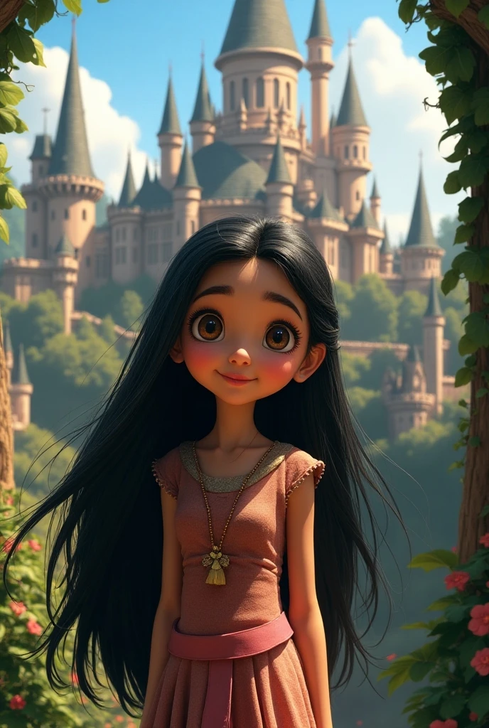 an 8 year old child, long black hair, Brown eyes, Princess dress, and headdress, In a fantasy city