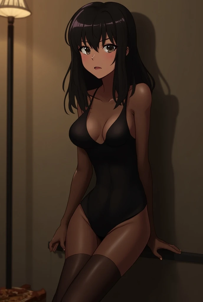 there is a woman in a black bathing suit posing in a bathroom, is wearing a swimsuit, Kate Beckinsale, metal bikini, in a gold one piece swimsuit, ((big breasts)), ((cleavage)), bathing suit, 28 years old, gold chains,