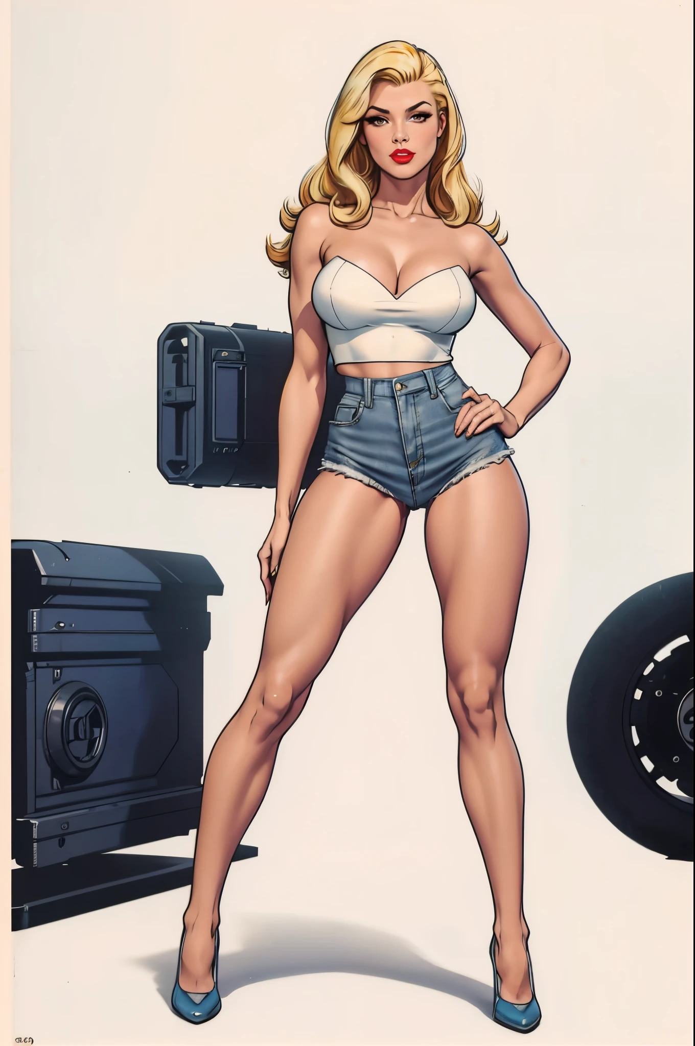 A beautiful woman in a white tube top and denim hotpants, long yellow-blonde hair, full body shot, 1965 pinup style, red lipstick, blank white background, realistic, photorealistic, 8k, ultra-detailed, high quality, professional