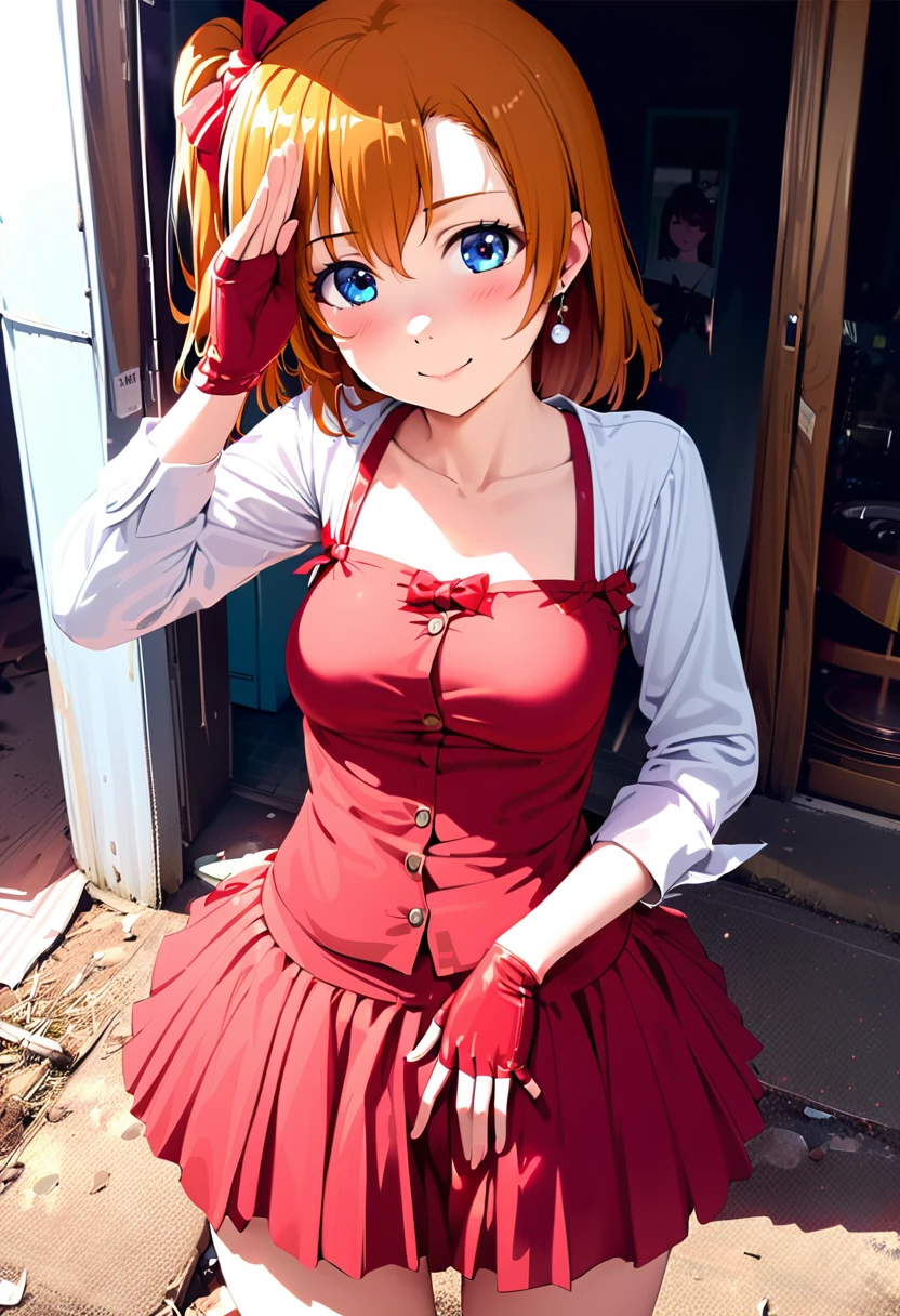  1 girl ,Kousaka Honoka,We are in the present, blue eyes ,Alone,Gloves,smile,fingerless Gloves, I saw only one side up , Orange Hair ,belly button,, staring at viewers , short hair,bow,red Gloves,salute,skirt, JEWELRY, earrings,{{{NSFW:1.5}}}，( best quality :1.4),(masterpiece:1.4),(Realistic:1.4),{{{(超 Kampala, RAW Photos:1.4),( Kampala,  very detailed :1.2)}}}