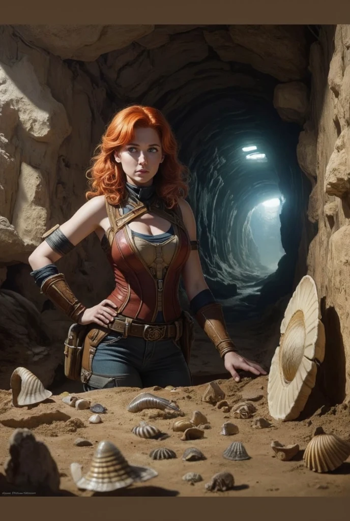 a gorgeous red head female [Gal Gadot:Maude Adams:0.5] paleontologist wears a complete explorer outfit and (her new found excavated mollusc fossils:1.2), an epic masterpiece hyper realistic digital art of Frank Bellamy, professional color grading by Kenneth Hines Jr. , 80's European Color Comic Style