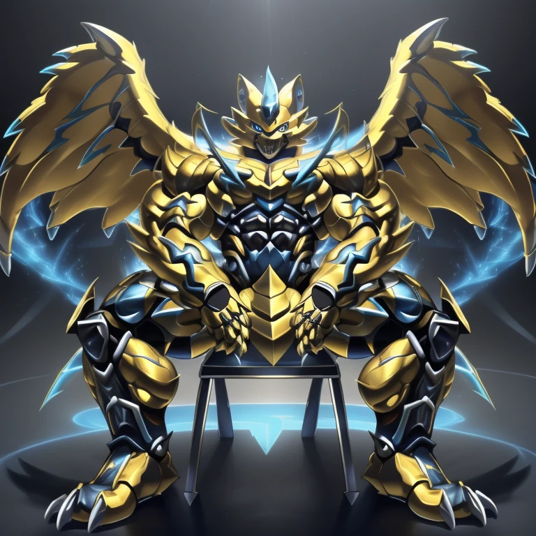 (ZERAORA, 8K), (Zeraora's giant robot, Powered exoskeleton with the same design as Zeraora), (Masterpiece, highres) (Detailed head, Detailed Body, Detailed abs, full body) (gigantic muscles, Gigachad Muscular, big muscle, pecs, triceps, traps, unusually developed muscular body, body full of huge muscles. showing off muscles, pectorales enormes, Exaggeratedly huge muscles.) (nj5furry, The claws are sharp, Sharp teeth, sharp claws), (long legs), (Spread wings, It has wings, have big wings, golden wings), (Wrestling, wrestler, the bodybuilding), (It has wings, whole body shines like metal, Wearing cyberpunk mecha, emphasizes the muscles, suit fully made of metal, intricate armor, Robotic suit, suit fully made of metal, cyborg), menacing pose, sitting on the throne, An arrogant expression. destroying city.