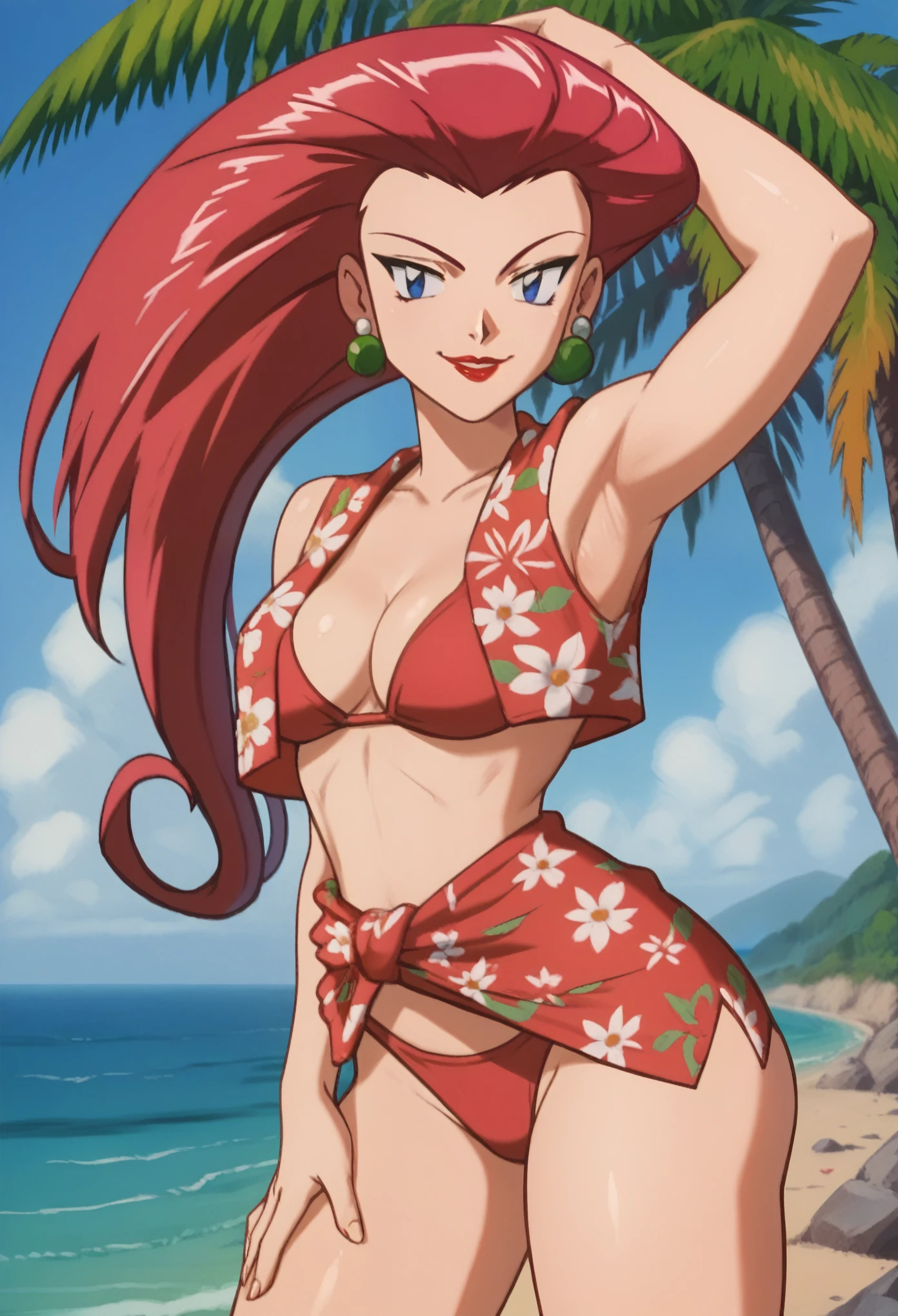 PMJessie, red hair, long hair, earrings, blue eyes, red lips, breasts, (((thick thighs))), looking at viewer, seductive smile, aroused, ((big ass)), (bikini), standing, seductive_pose, beach, armpit, smile, ((floral dress)), cleavage, hat