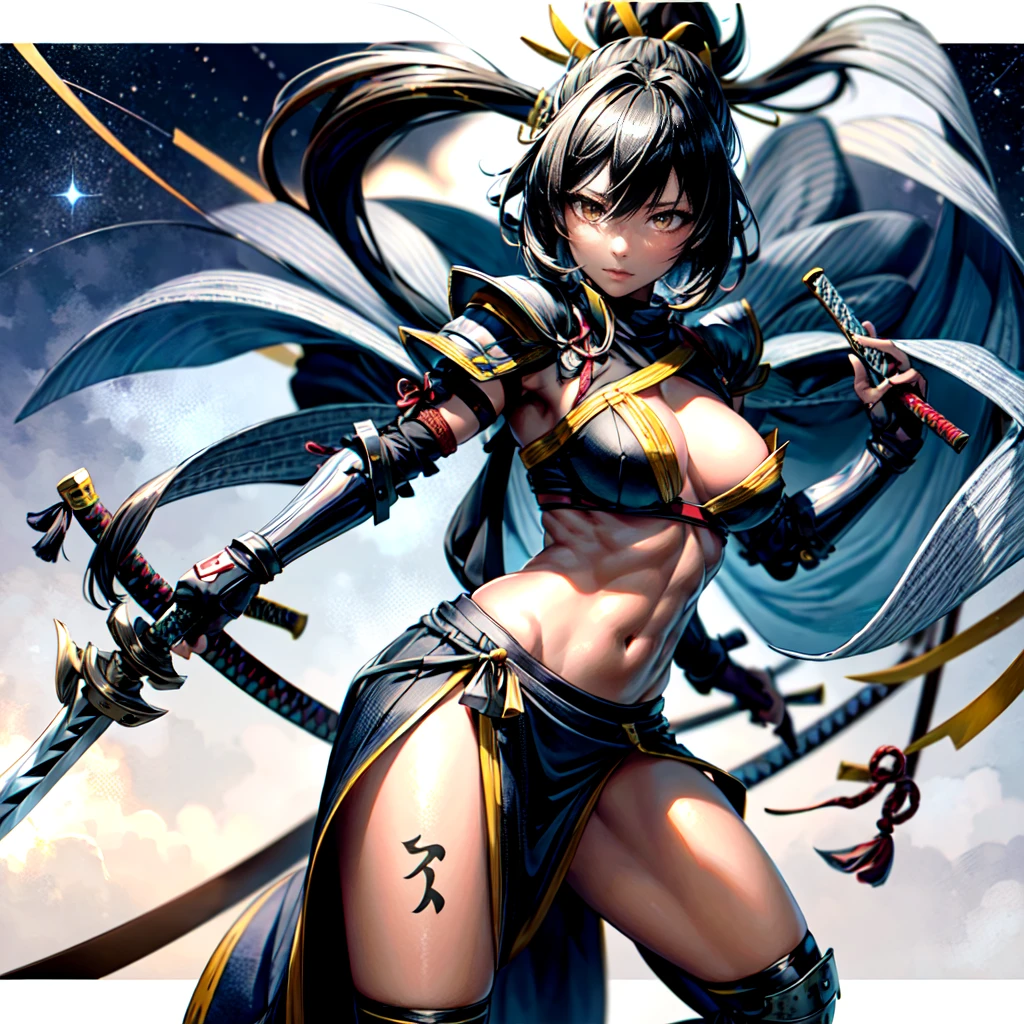 One girl, samurai,Japanese swords,Composition showing the whole Japanese sword  ,anime, Anatomically correct, A series of character actions, ponytail, masterpiece, Textured skin, Action Painting, Heavy makeup, Brown Skin, Perfect Face, Perfect Eyes, very small breasts, Very thin legs, Trained abdominal muscles, chest armor, long skirt, alone, accurate, anatomically correct, Starry Sky, 