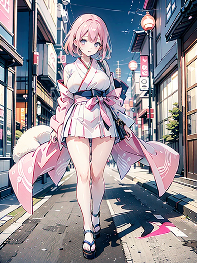 pink kimono 　 pink hair straight long　Busty　 plump thighs 　Oversized breasts　Sandals　Kyoto Downtown　Miniskirt hakama