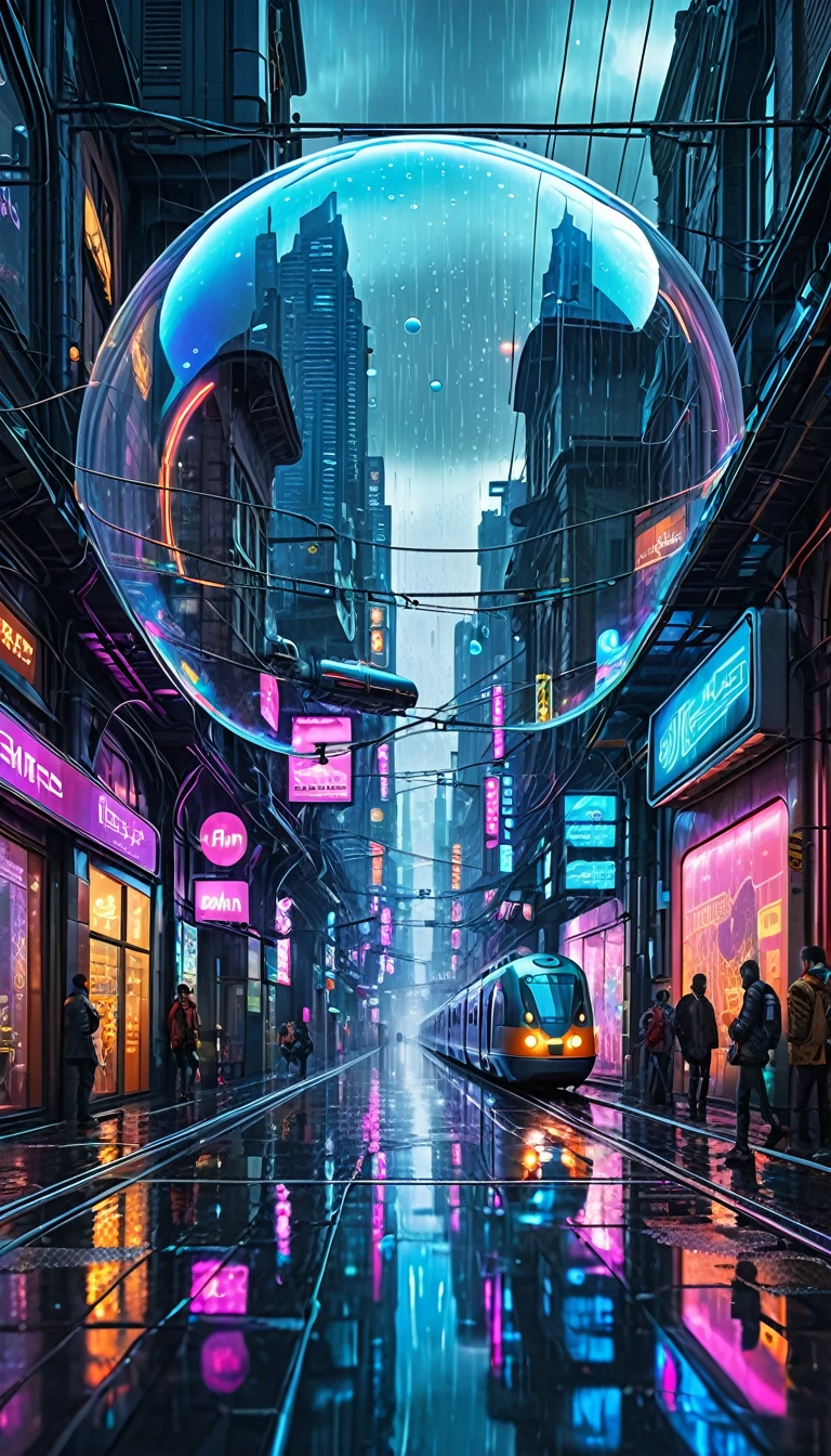 (( masterpiece )),(( The best quality )),(( High level of detail )),((realistic,)) City of the futuristic era, architectural streets, futuristic train lines , cyberpunk,  buildings , Evening, European city, rainy, Neon inside a bubble dominated by someone from the sky.