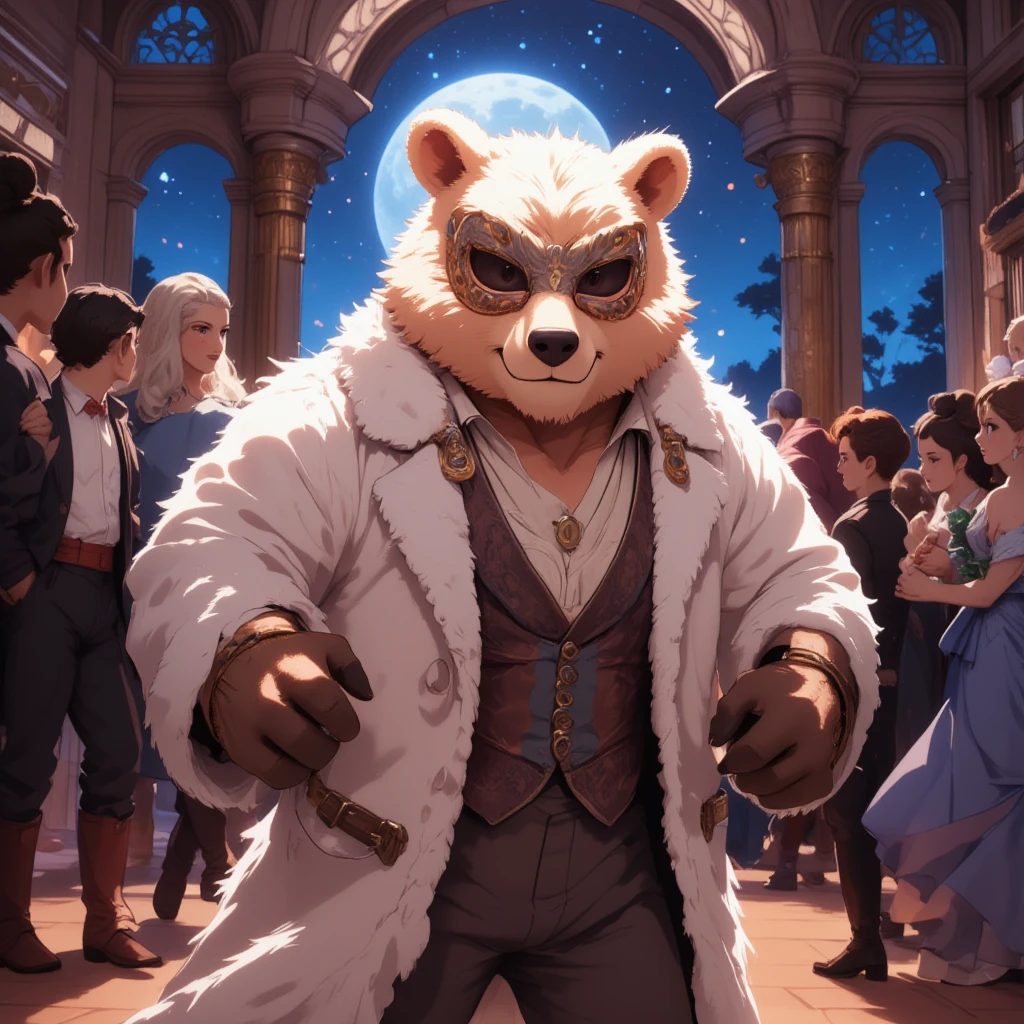 masquerade, a middle-aged bear man, light smile, clothed, flamboyant, pants, boots, beautiful mask, tailcoat, dancing, detailed painting landscape, moonlit night, grand ballroom, indoor, BREAK full body in Michelangelo Buonarroti style, housamo style, digital illustration anime, character focus, full body, looking away, dynamic angle, niji6, BREAK complete anatomy, perfect proportions, beautiful thigh gap, fluffy body, intricate fur details, beautiful fur texture, BREAK (a detailed bear 1tail), detailed boots, beautiful foot, detailed hands, 5fingers, 5fingers nails, BREAK aesthetic anime face, insanity detailed face, male face, big face, square jawline, aesthetic anime eyes, detailed brown eyes, detailed brown cornea, detailed dark brown irises, detailed pupils, male eyes, big eyes, male eyebrows, innocent look, beautiful beard, BREAK masterpiece, official art, best quality, very aesthetic, absurdres, super fine illustration, great quality, BREAK noise reduction, very highres, large filesize, high quality, 32K, 8k wallpaper, dynamic lighting, BREAK insanity detailed, ultra detailed, intricate details, extremely detailed, detailed texture, an extremely delicate and beautiful, full color, HDR, BREAK e621 illustration, osukemo, kemohomo, anthropomorphic, furry, cartoon, harmonious eyes, pastoral face, virtuous body, epic atmosphere