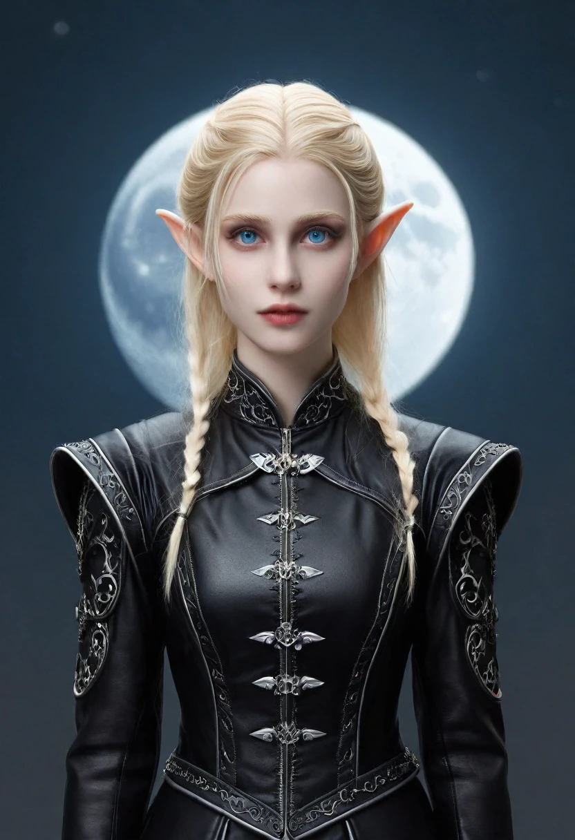  Digital illustration of a Moon Elf with fair skin and blue eyes, ((blond hair)),  her eyebrows are medium blond ,  she wears a classic gothic clergyman outfit , black and leather 