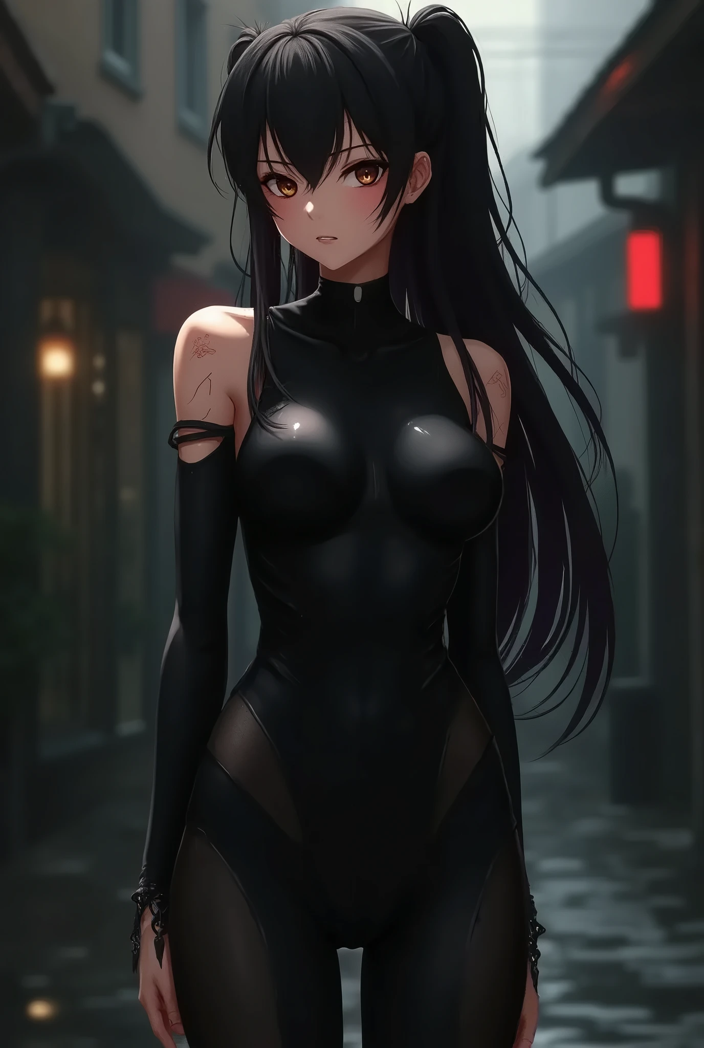 Create an intense, evocative portrait in the Japanese retro anime style of the 80s and 90s. The scene features a woman bathed in deep purple light, leaning against a wall with her arms raised, eyes closed in a moment of raw emotion. Her attire is minimal, accentuating the curves of her body and the dramatic shadows cast by the lighting. The background is stark, with sharp contrasts highlighting the contours of her form. The purple and black palette intensifies the mood, evoking a sense of mystery and allure. Subtle film grain and meticulous shading add depth and texture, emphasizing the emotional gravity of the scene. The lighting creates a chiaroscuro effect, accentuating her expressive pose and the intense atmosphere. good quality eyes, purple eyes, ultra detailed, beautiful and aesthetically pleasing, masterpiece, 4k, ray tracing, medium body, close-up, , particles and hard neon sparkles, focus on purple and black color
