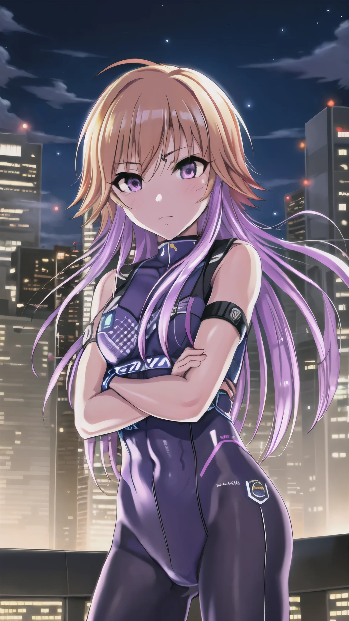  Kampala   , Accurate,  Ultra-fine,     very detailed    , Asuka Ninomiya,Alone,     1 girl,    Orange Hair     ,Long Hair,bangs,  Purple Hair,     purple eyes,Painful face、 Tight clothing、  both hands、Combat Stance、   cowboy shot、     WATCH VIEWERS    、    Blue Hero Suit   , bodysuit,Tight Suit,((     trained abs    )),(   trained biceps  ）,（   buildings:1.2),Night view,My face sweats excessively 