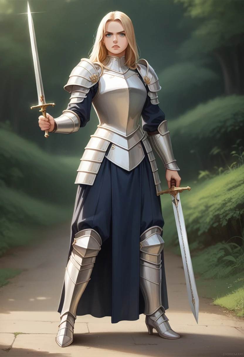 masterpiece,1girl,solo,Beautiful blonde female knight, full body portrait, wearing heavy ornate armor, standing proudly. Long flowing golden hair, determined blue eyes. Soft feminine features contrasting with strong posture. Intricate silver and gold armor details. Holding a longsword and shield. Serene forest background. Photorealistic style, high detail.
